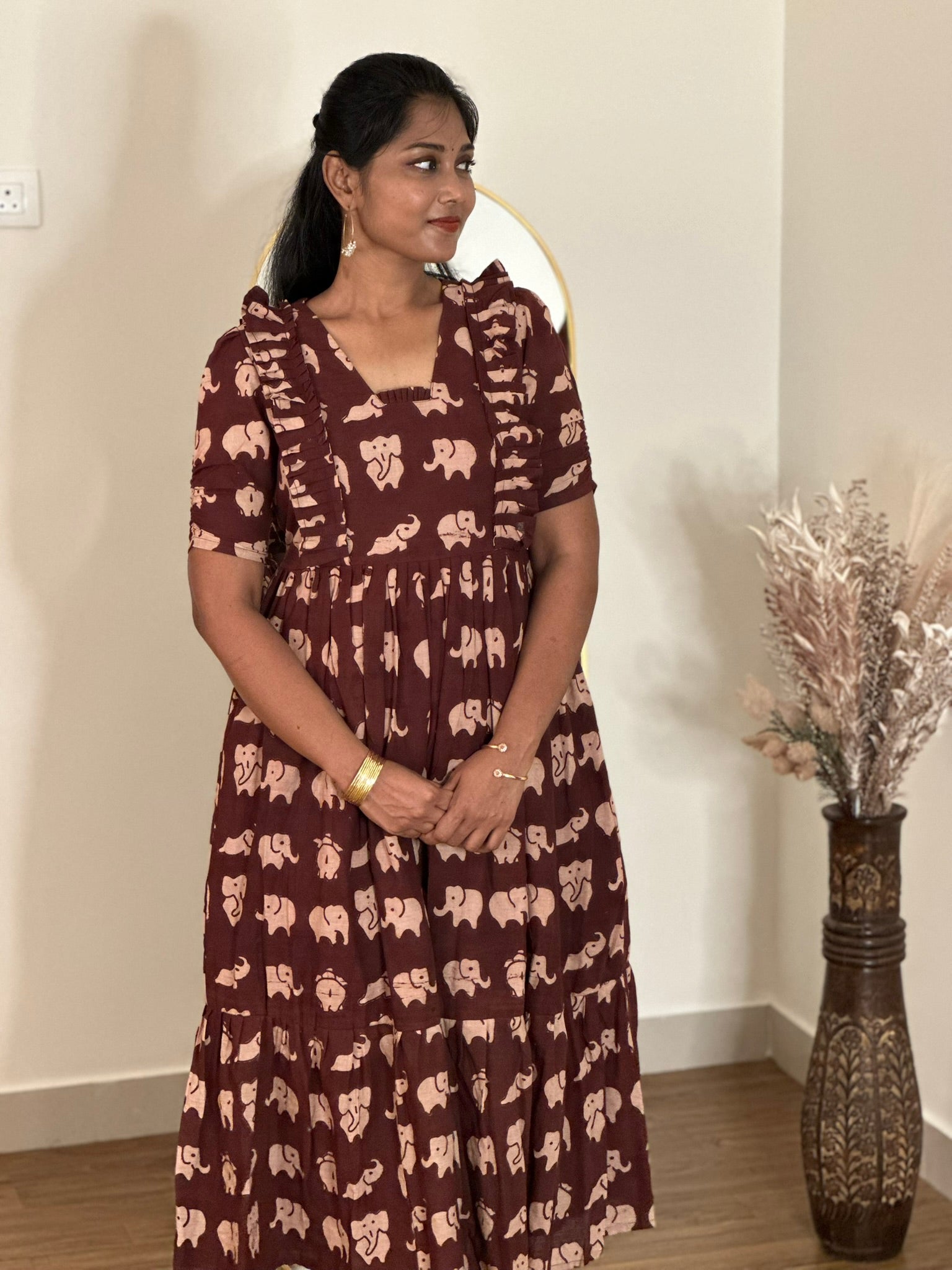 SIYA064 Brown | Saanvi Kalamkari Cotton Maternity Maxi Dress | Feeding Friendly