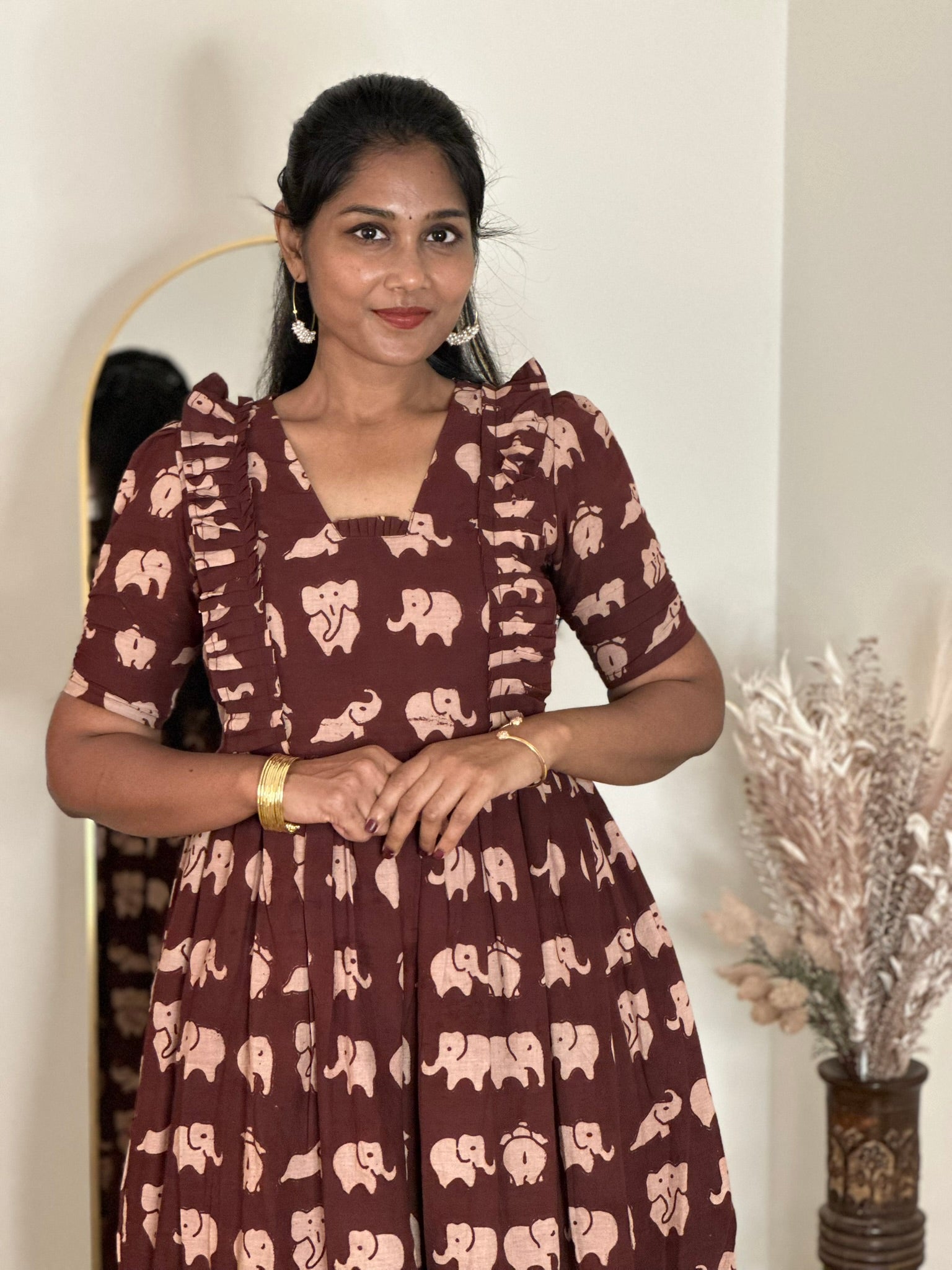 SIYA064 Brown | Saanvi Kalamkari Cotton Maternity Maxi Dress | Feeding Friendly