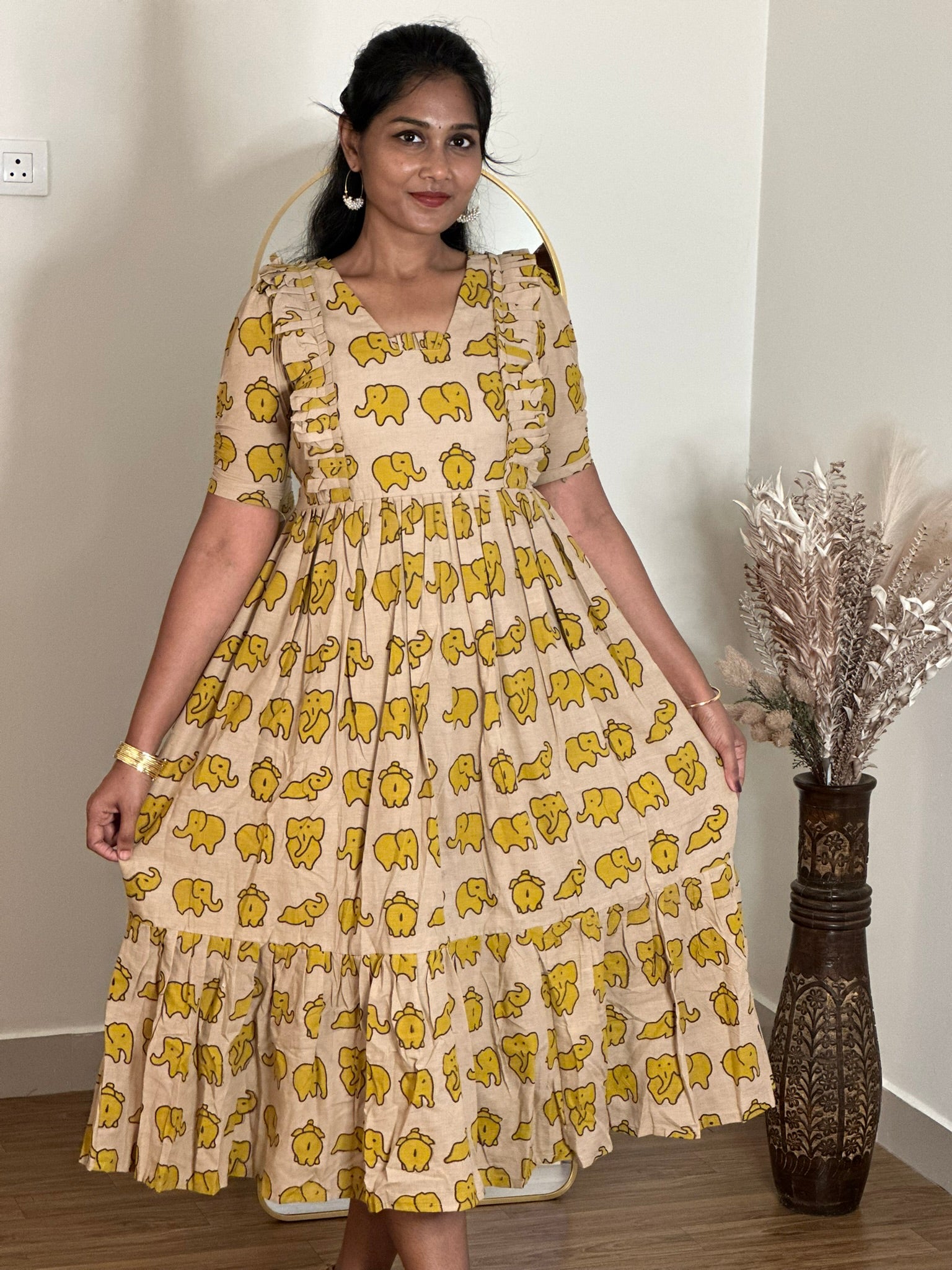 SIYA064 Yellow | Saanvi Kalamkari Cotton Maternity Maxi Dress | Feeding Friendly