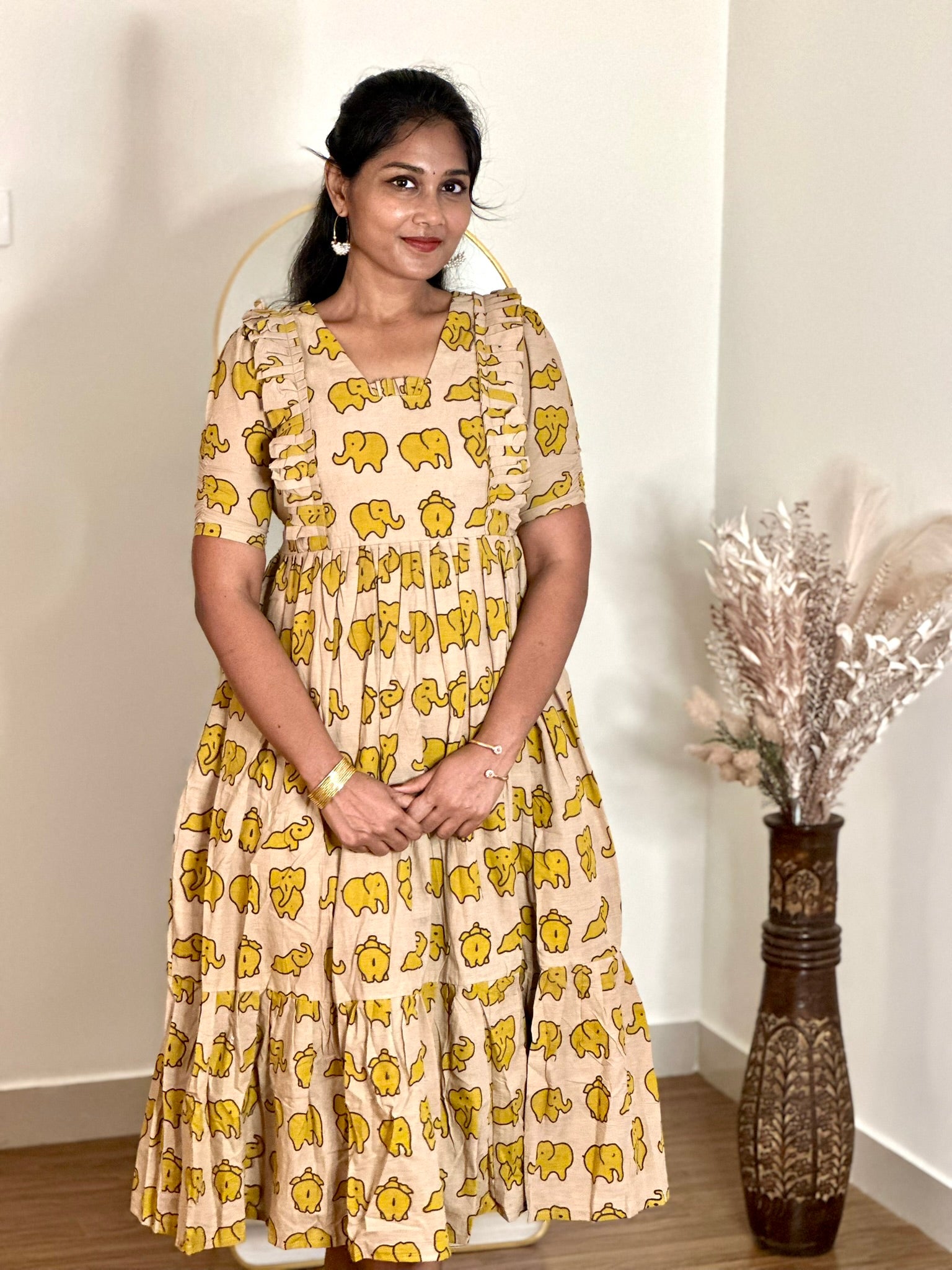 SIYA064 Yellow | Saanvi Kalamkari Cotton Maternity Maxi Dress | Feeding Friendly