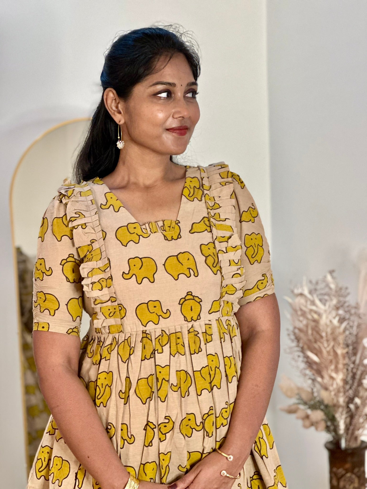 SIYA064 Yellow | Saanvi Kalamkari Cotton Maternity Maxi Dress | Feeding Friendly
