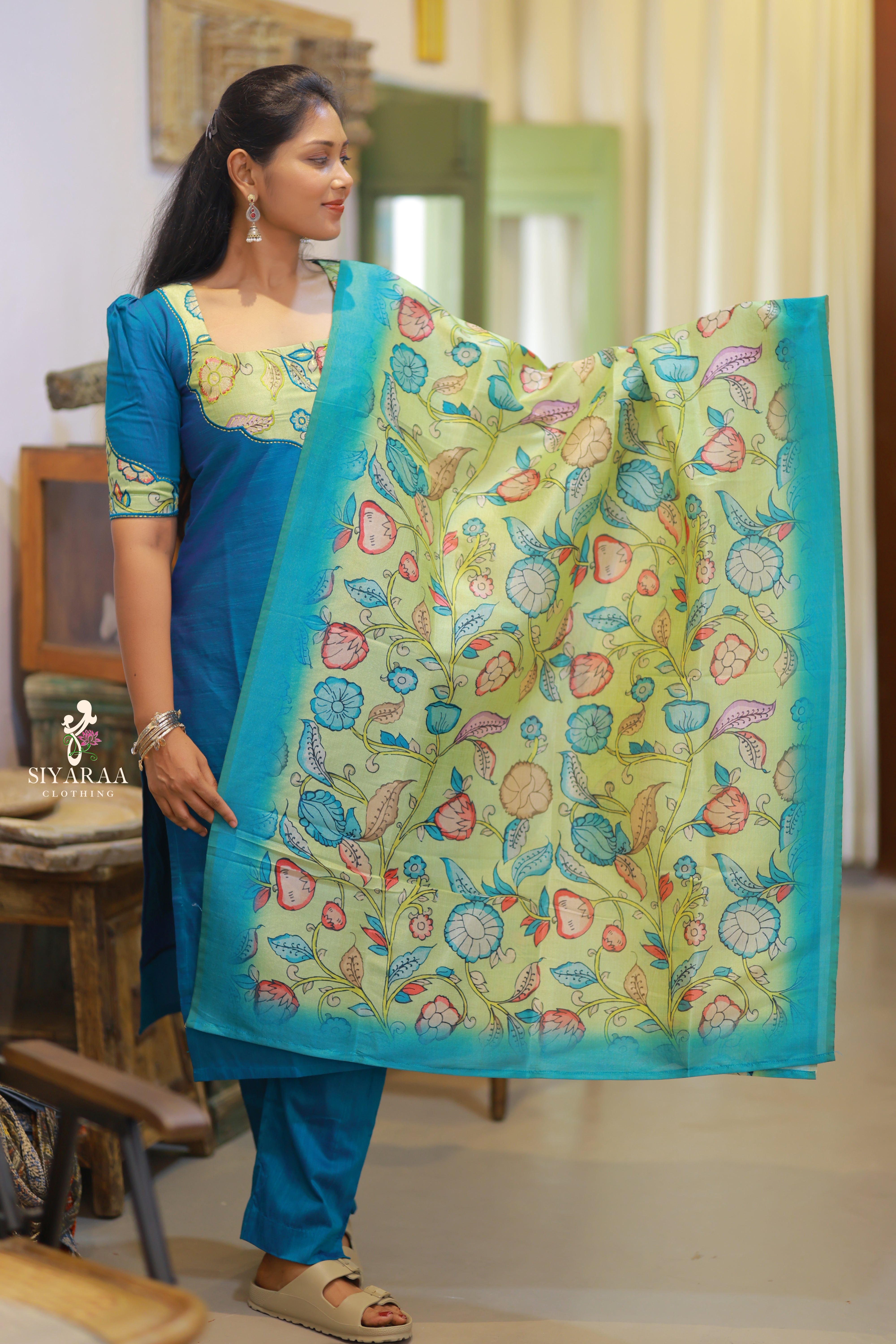 SIYA106 Blue | Raw Silk Kurta Set with Kalamkari Dupatta (3-Piece)