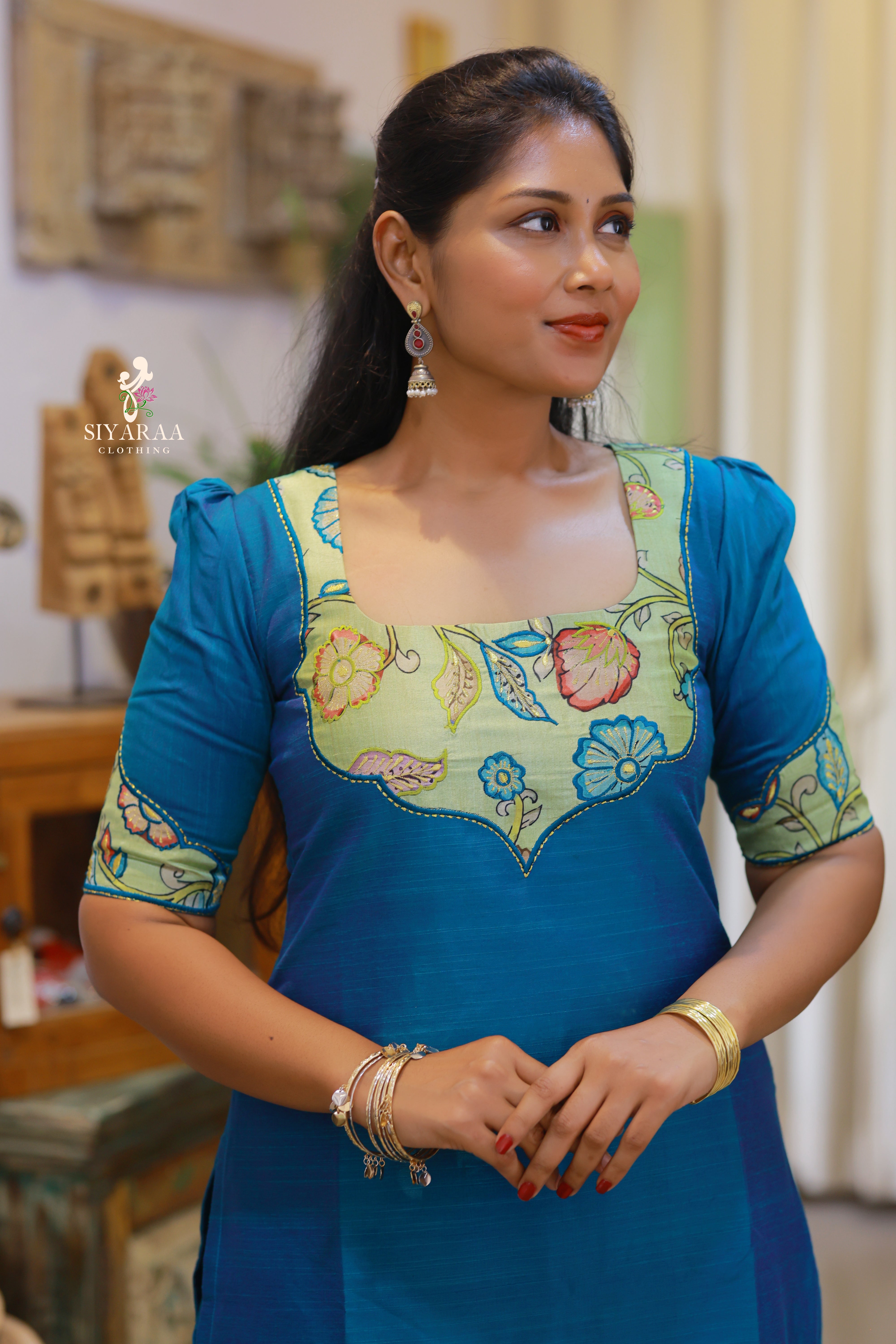 SIYA106 Blue | Raw Silk Kurta Set with Kalamkari Dupatta (3-Piece)