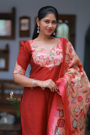 SIYA106 Maroon| Raw Silk Kurta Set with Kalamkari Dupatta (3-Piece)