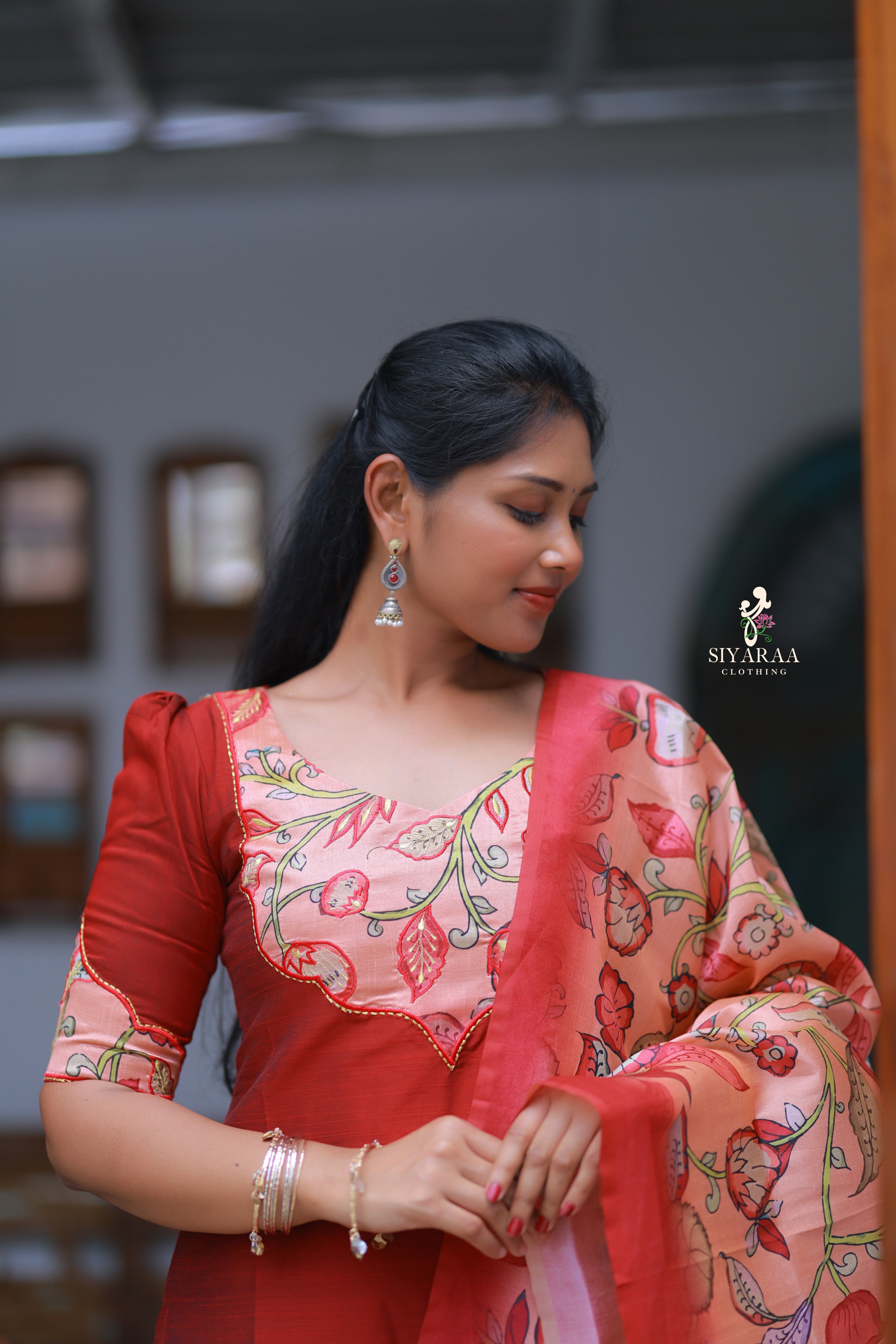 SIYA106 Maroon| Raw Silk Kurta Set with Kalamkari Dupatta (3-Piece)