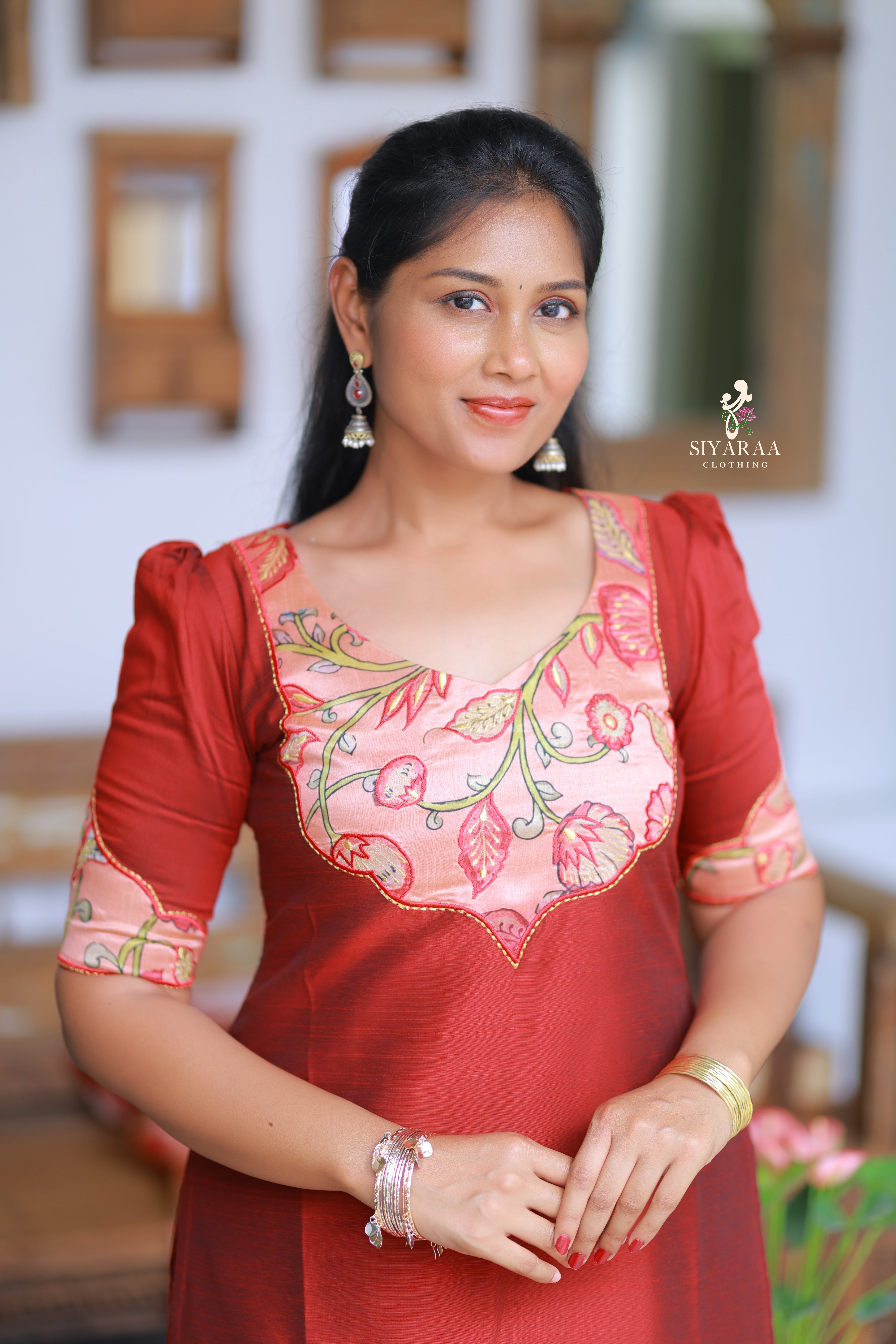 SIYA106 Maroon| Raw Silk Kurta Set with Kalamkari Dupatta (3-Piece)