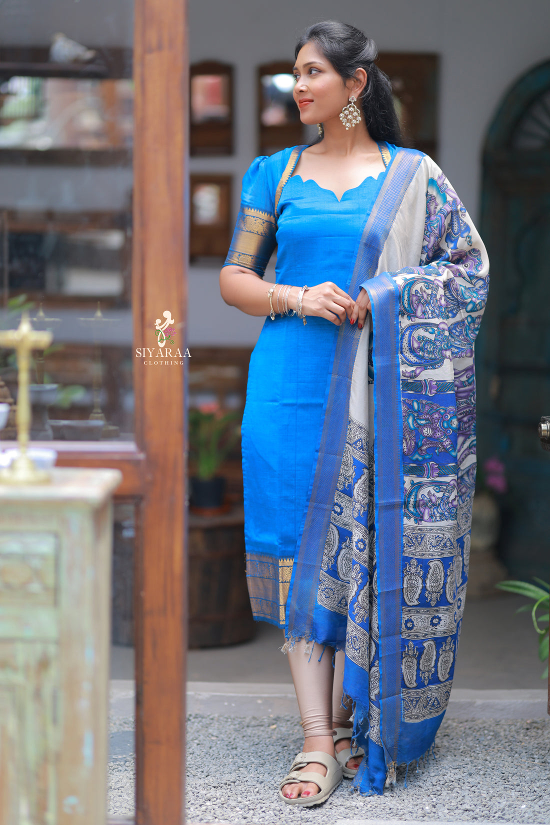 SIYA051 Blue| Charvika Mangalagiri Silk Top with Kalamkari Dupatta (2-Piece)
