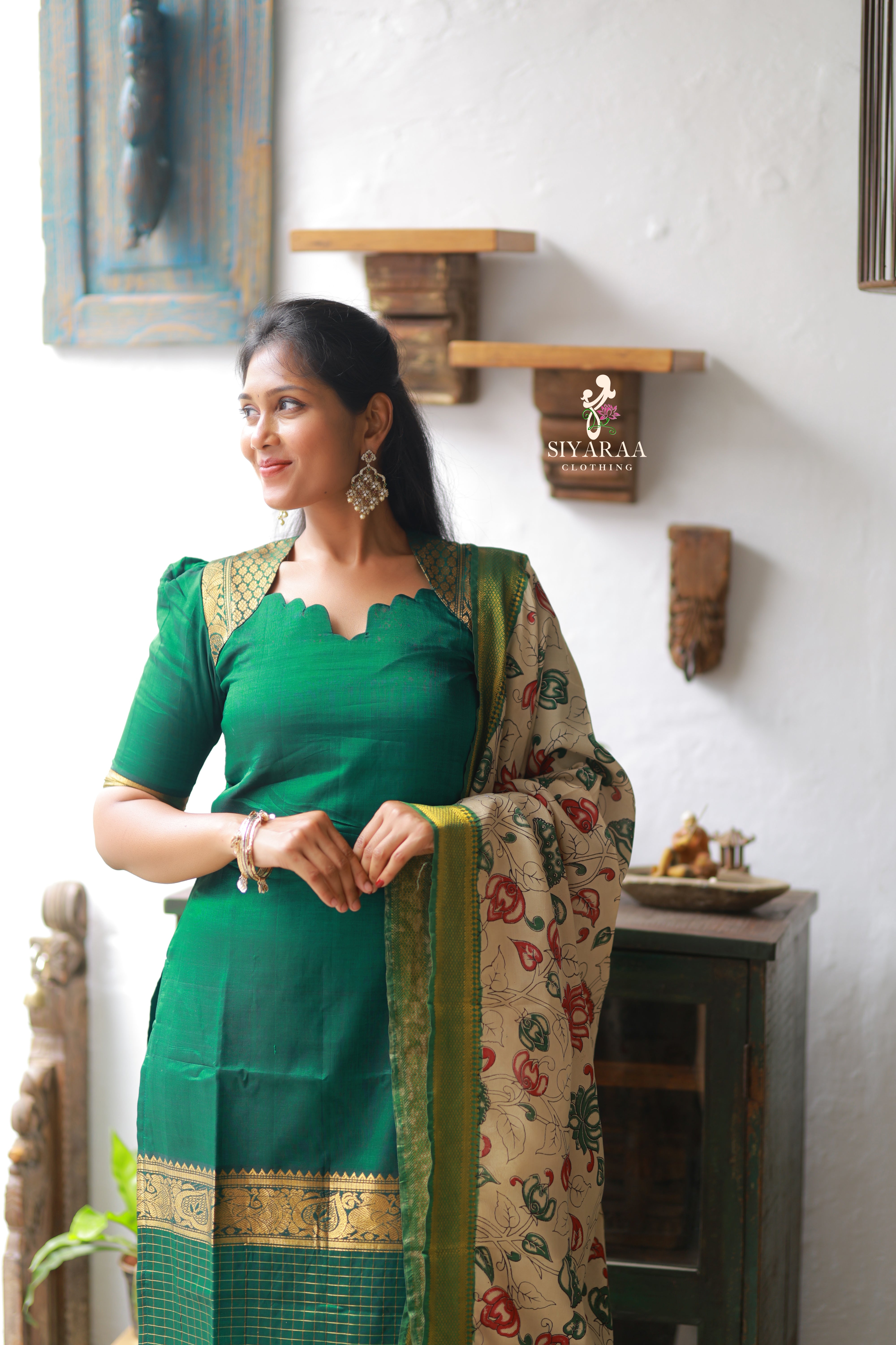 SIYA082 Green| Iraaya Mangalagiri Silk Top with Kalamkari Dupatta (2-Piece)