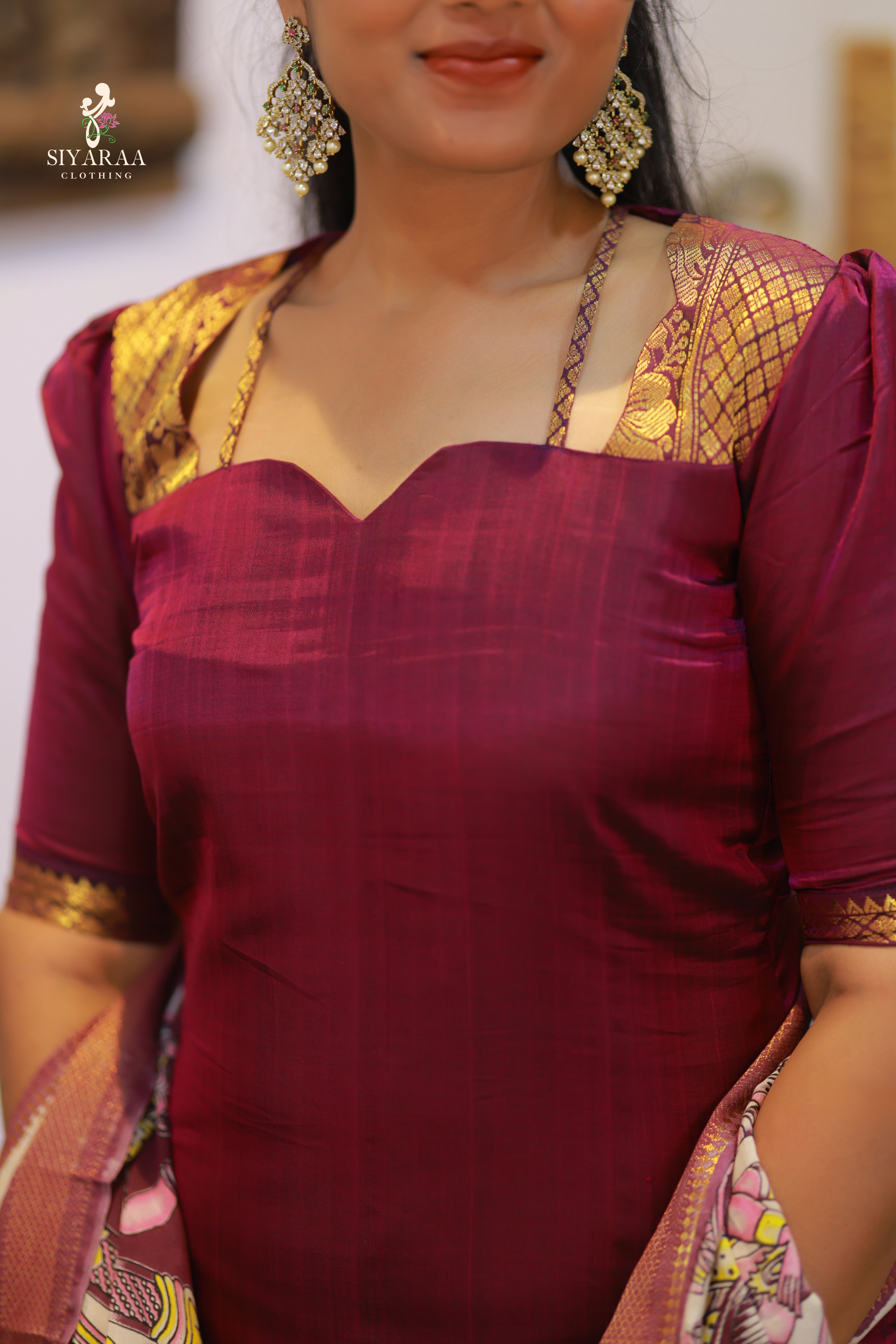 SIYA082 Wine | Iraaya Mangalagiri Silk Top with Kalamkari Dupatta (2-Piece)
