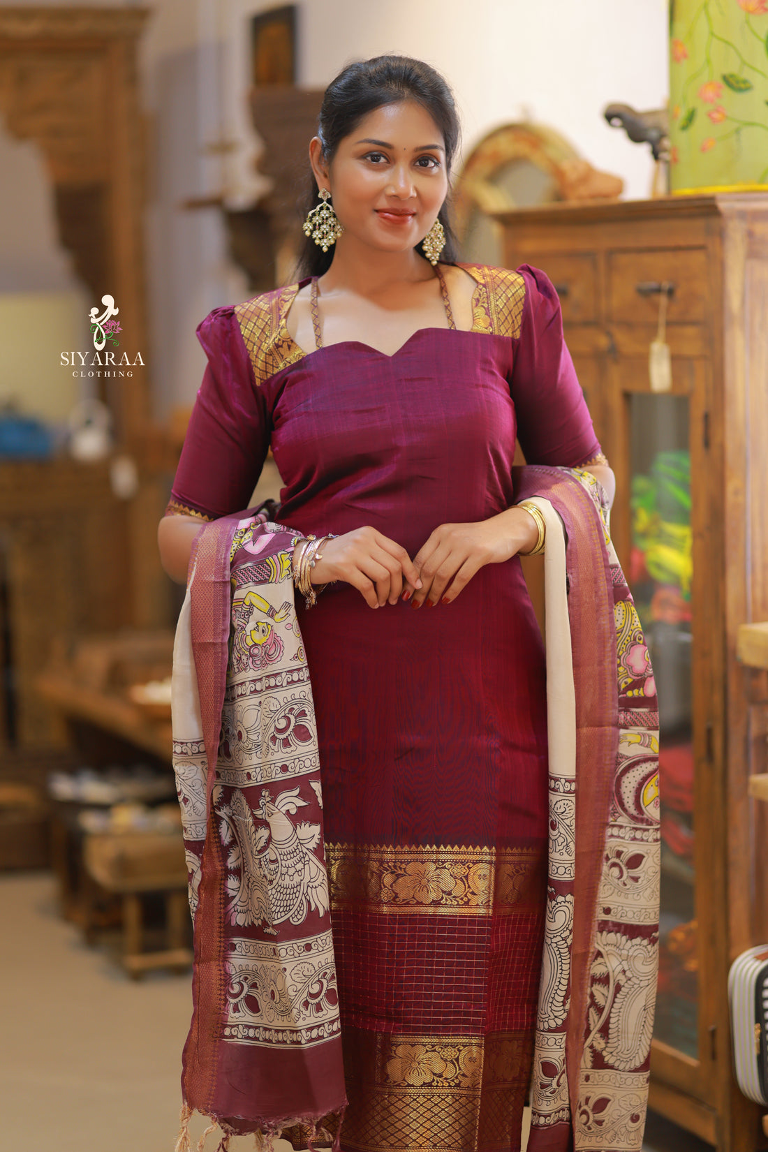 SIYA082 Wine | Iraaya Mangalagiri Silk Top with Kalamkari Dupatta (2-Piece)
