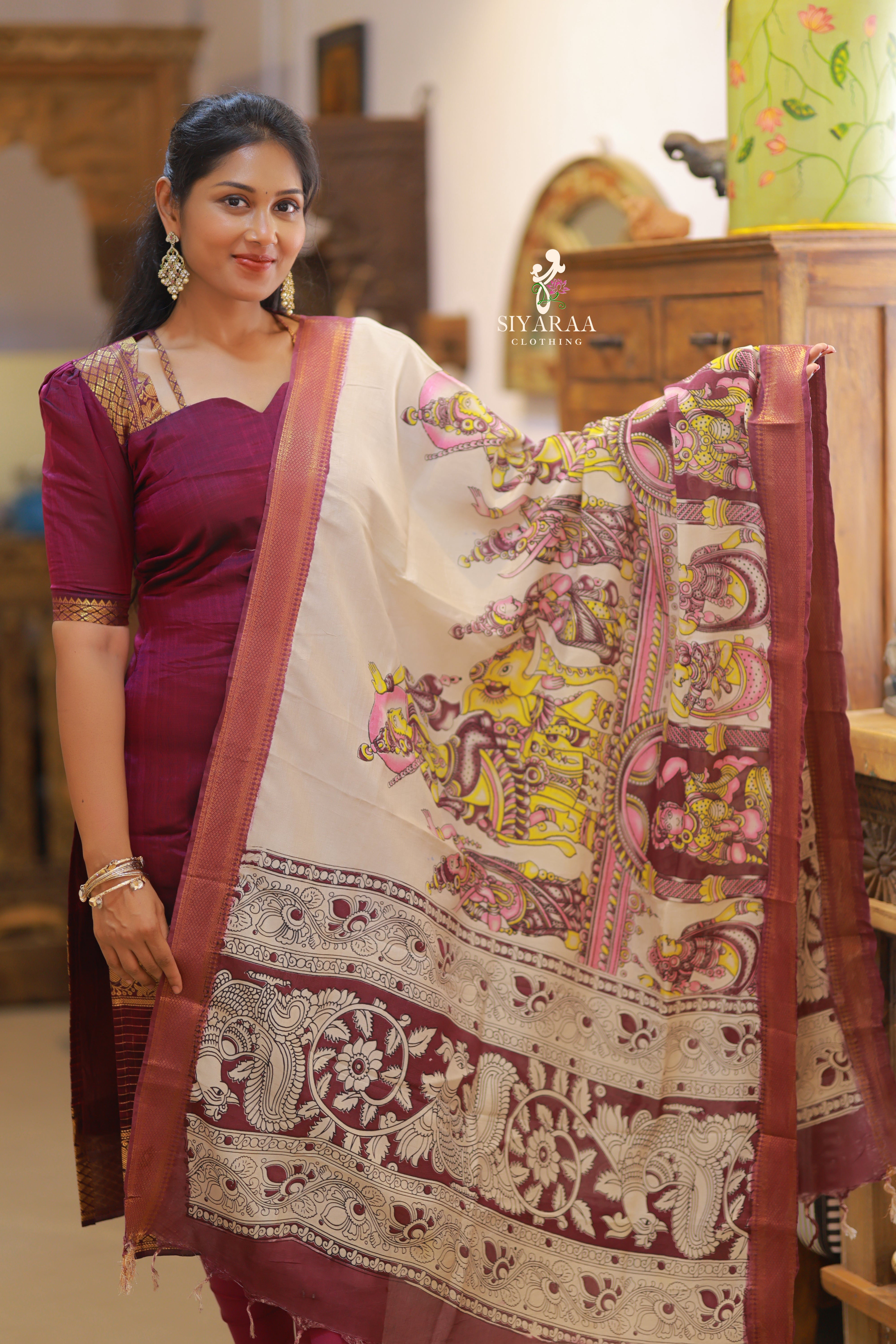 SIYA082 Wine | Iraaya Mangalagiri Silk Top with Kalamkari Dupatta (2-Piece)