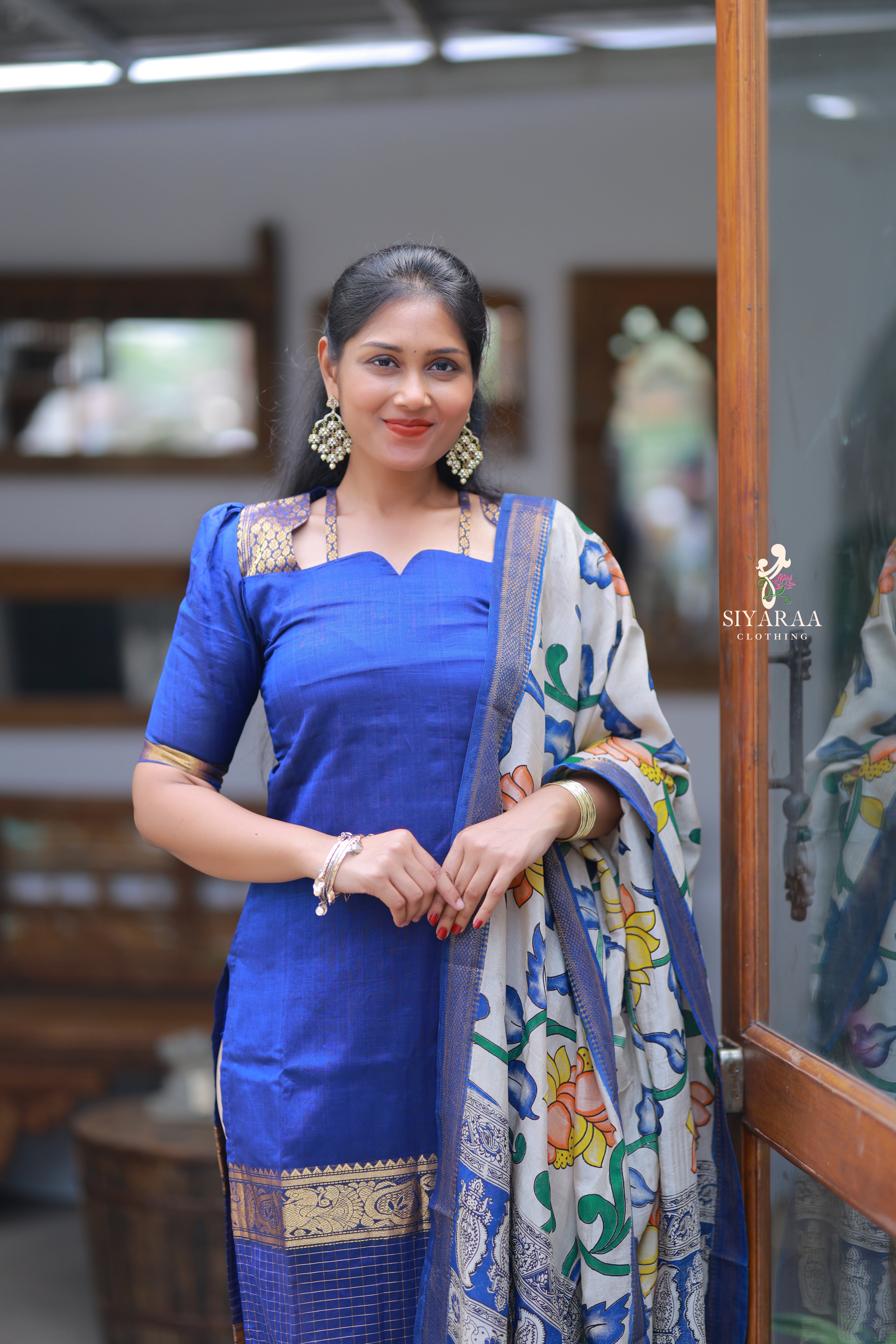 SIYA082 Blue| Iraaya Mangalagiri Silk Top with Kalamkari Dupatta (2-Piece)