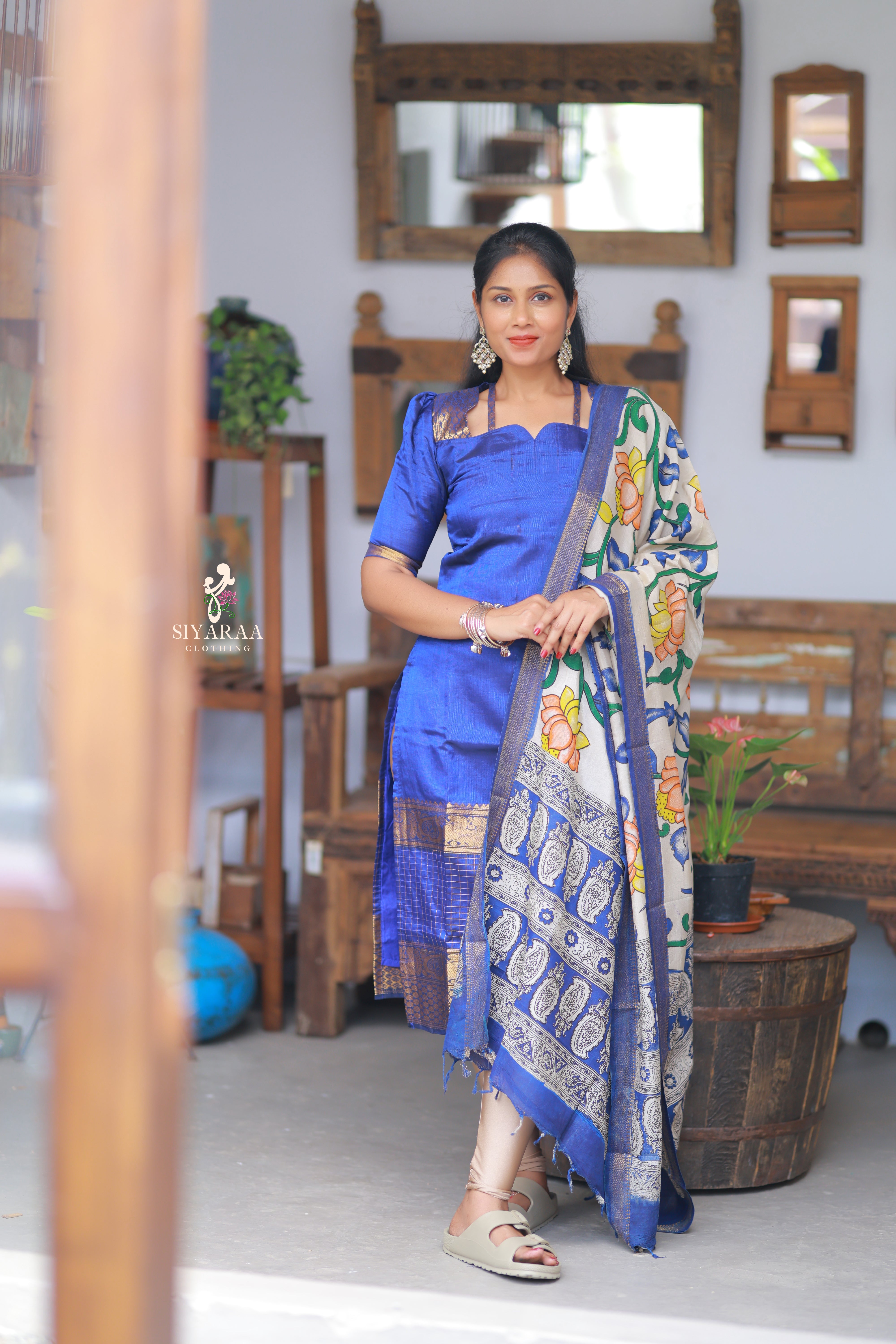 SIYA082 Blue| Iraaya Mangalagiri Silk Top with Kalamkari Dupatta (2-Piece)