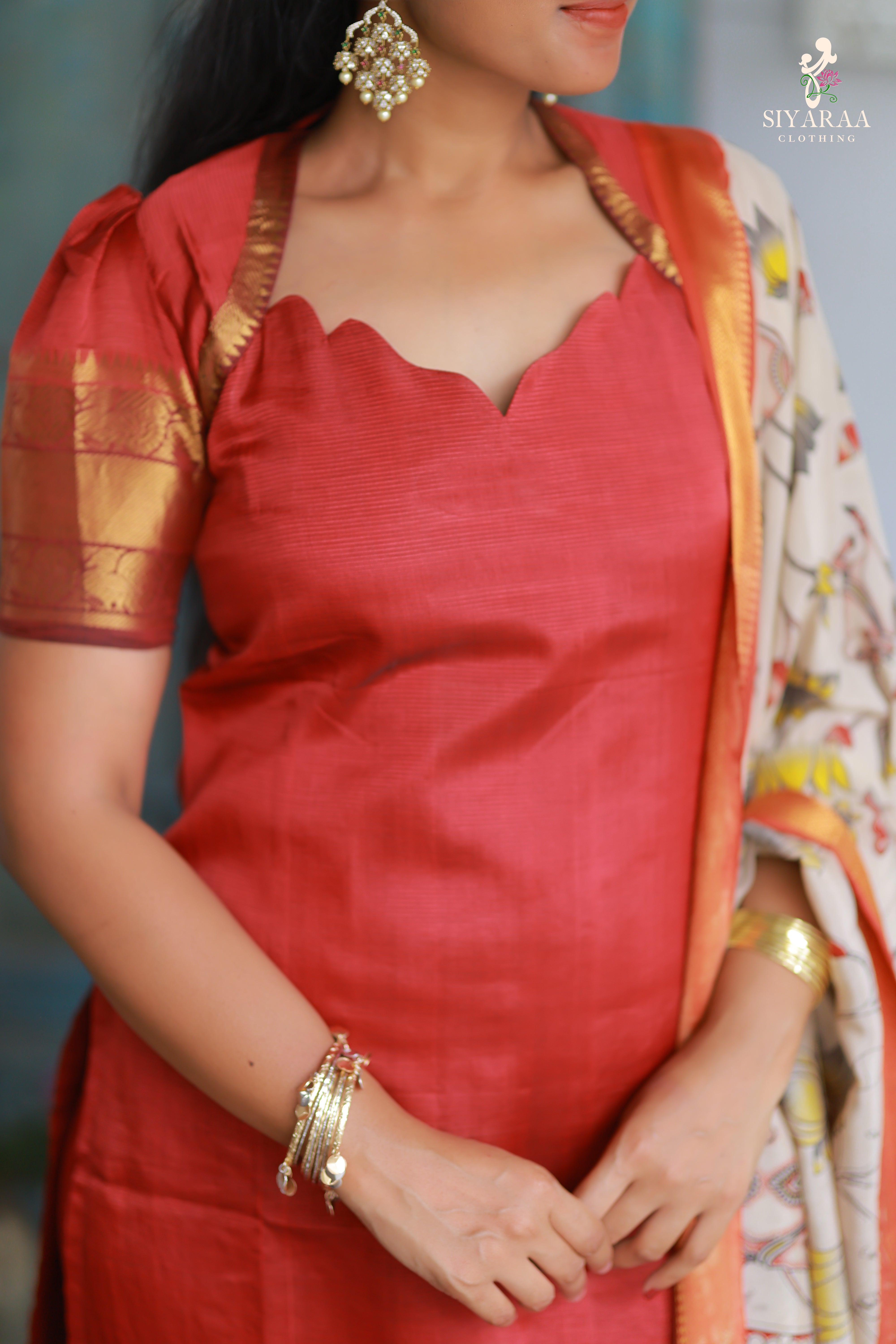 SIYA051 Red| Charvika Mangalagiri Silk Top with Kalamkari Dupatta (2-Piece)