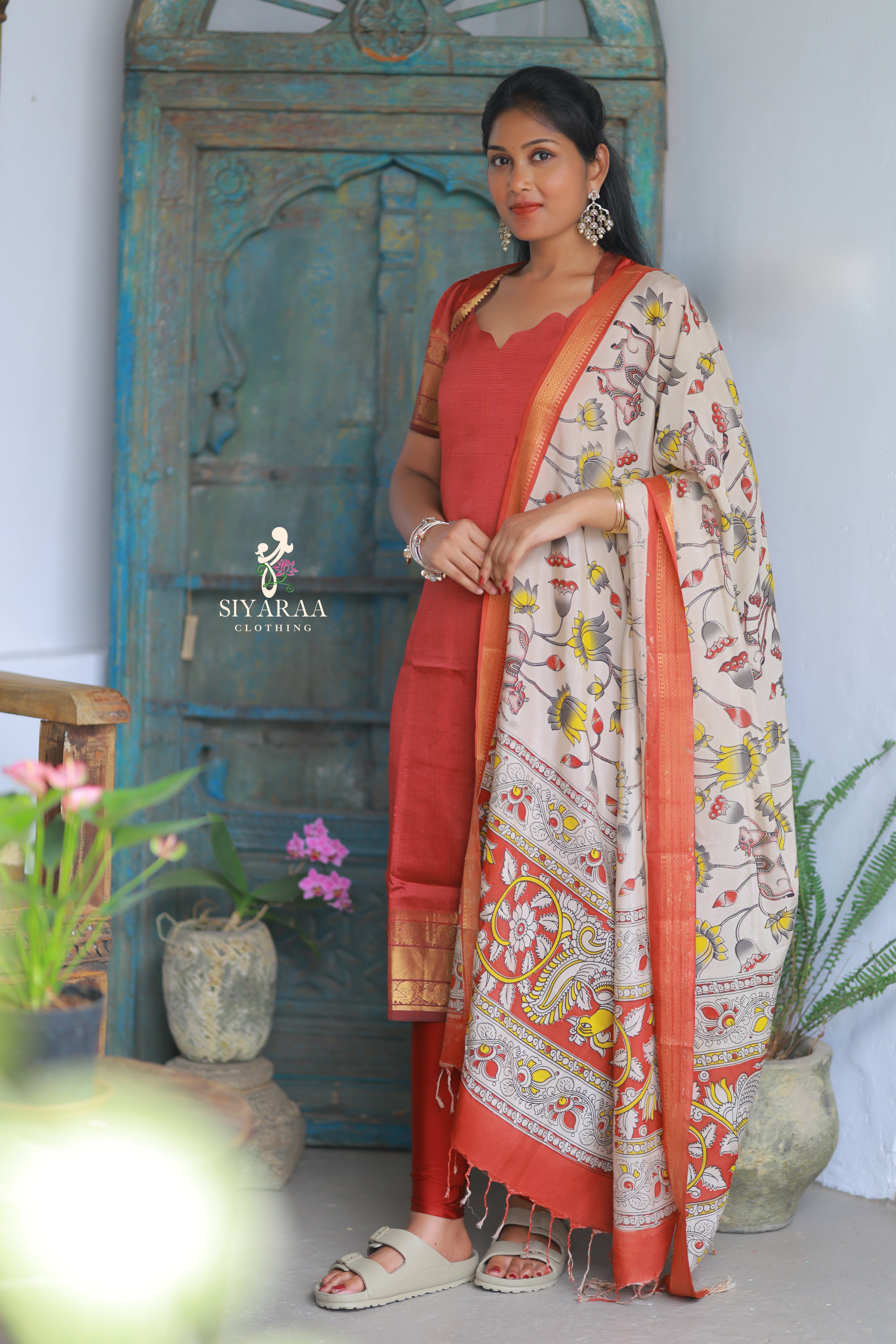 SIYA051 Red| Charvika Mangalagiri Silk Top with Kalamkari Dupatta (2-Piece)