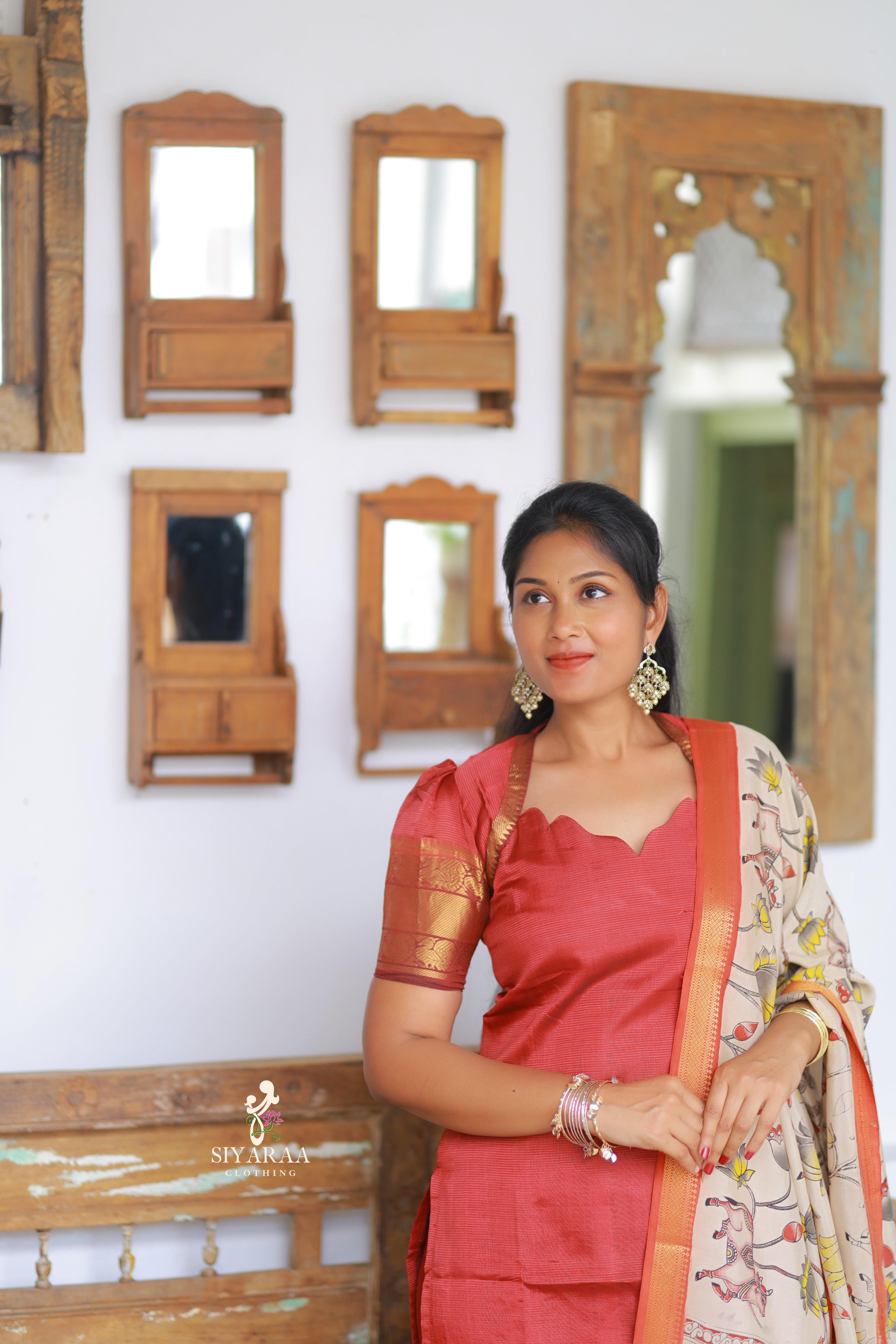 SIYA051 Red| Charvika Mangalagiri Silk Top with Kalamkari Dupatta (2-Piece)
