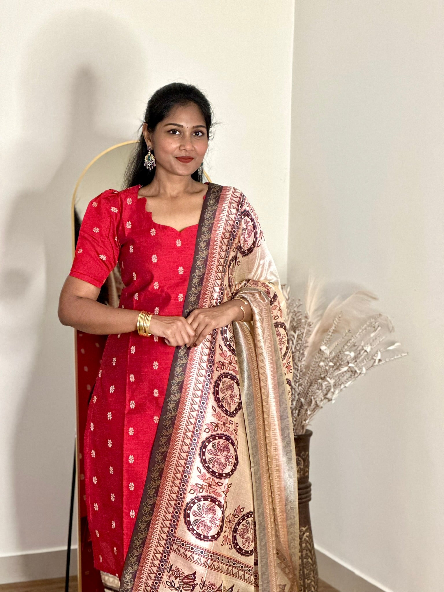 SIYA065 Red | Riyanshi Raw Silk Kurta Set with Digital Print Tussar Silk Dupatta (3-Piece)