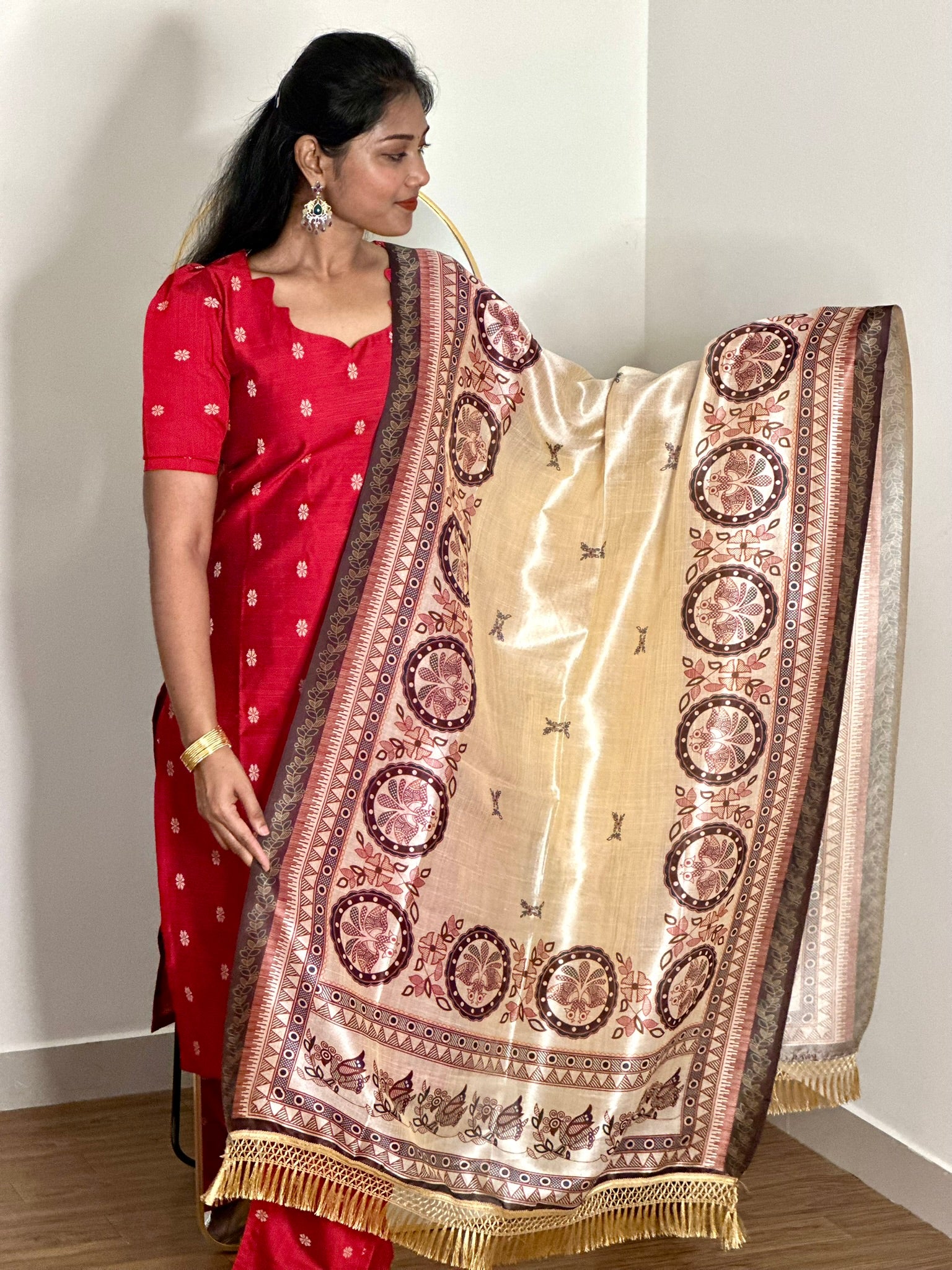 SIYA065 Red | Riyanshi Raw Silk Kurta Set with Digital Print Tussar Silk Dupatta (3-Piece)