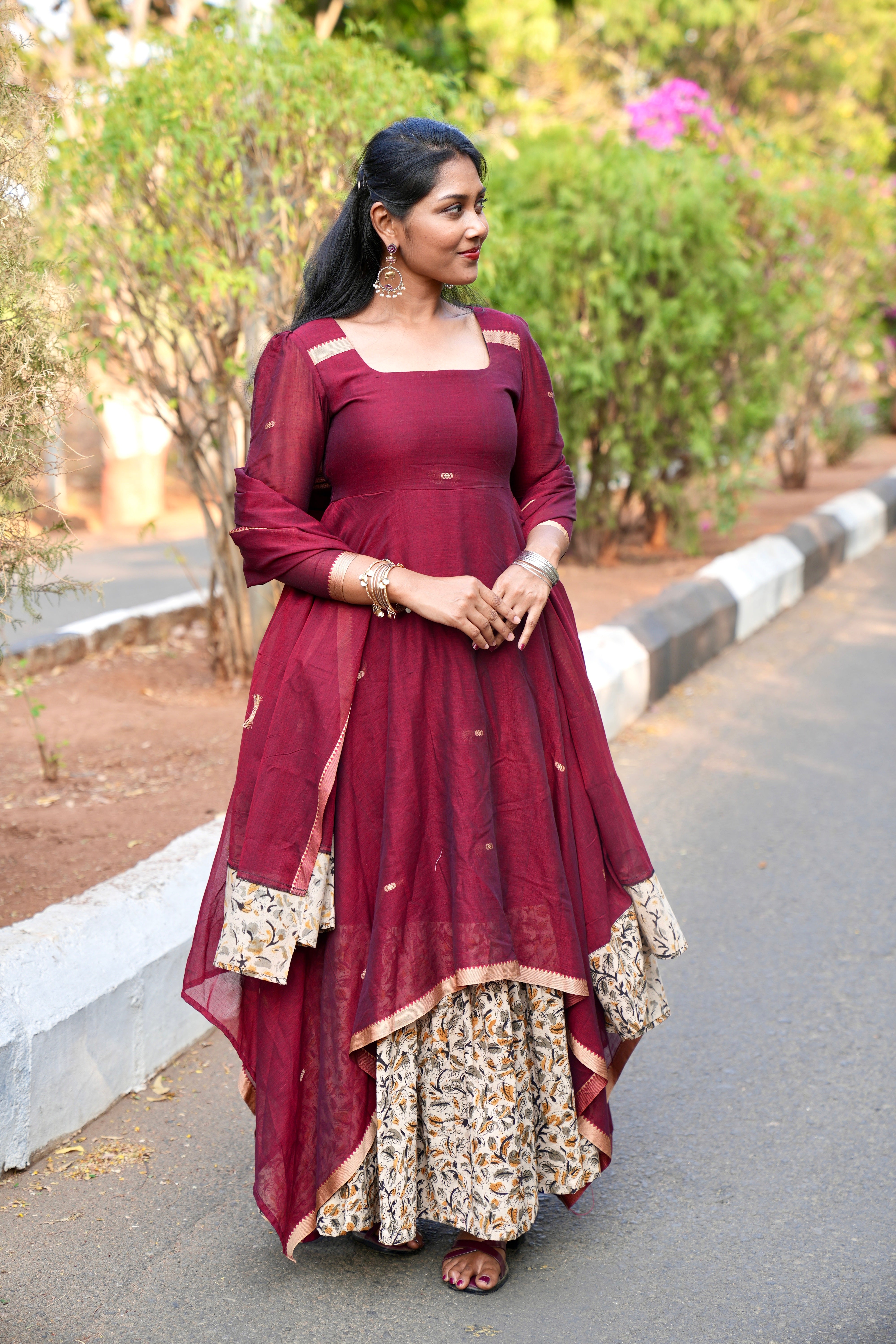 SIYA107 Maroon | Narayanpet Cotton Anarkali with Kalamkari Dupatta (2-Piece)