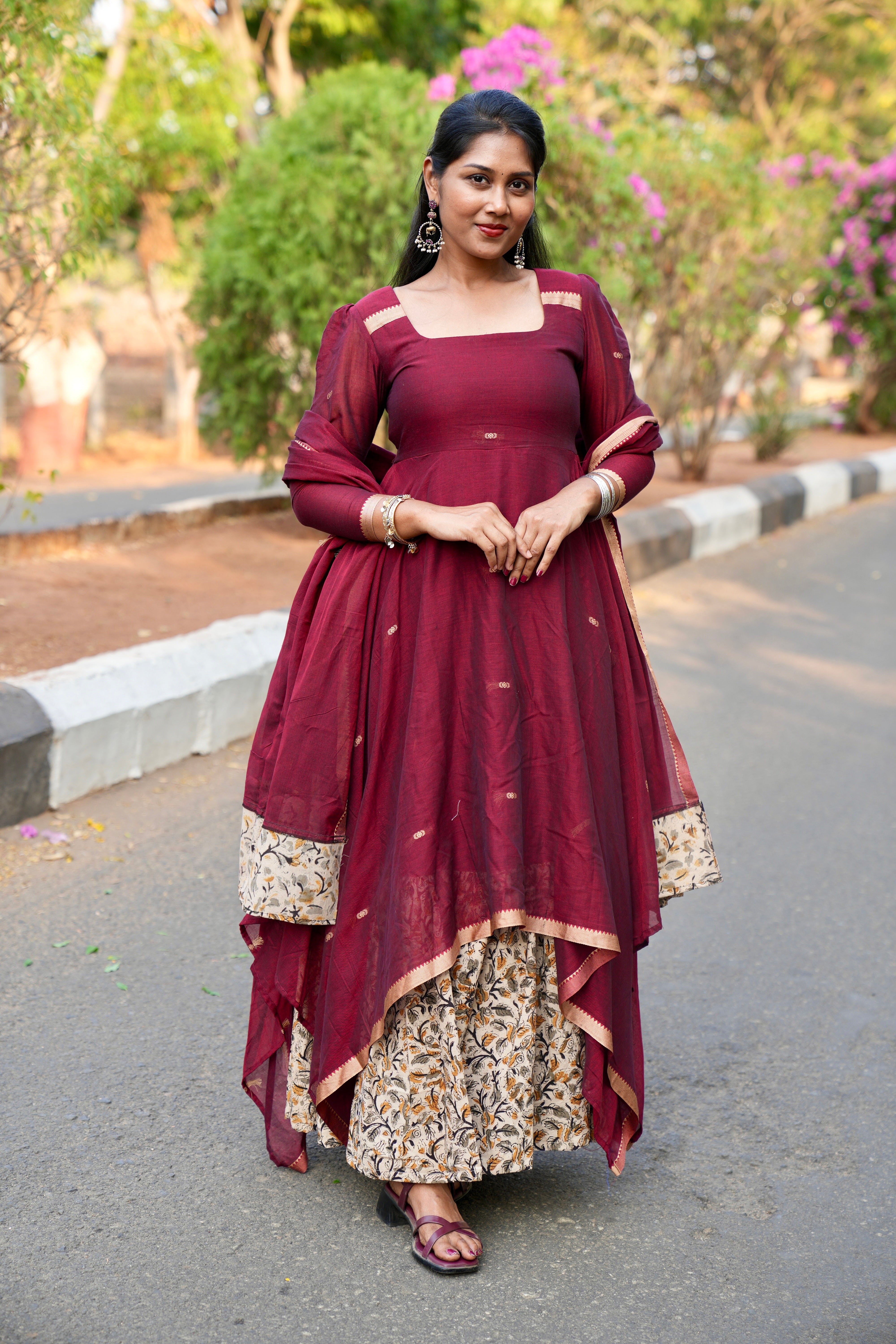 SIYA107 Maroon | Narayanpet Cotton Anarkali with Kalamkari Dupatta (2-Piece)
