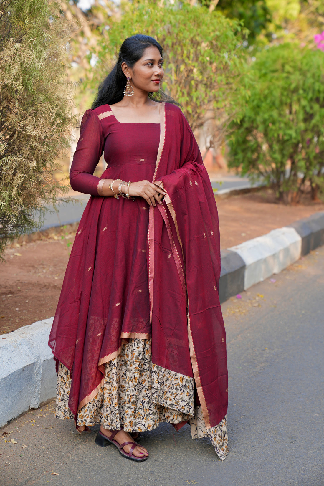 SIYA107 Maroon | Narayanpet Cotton Anarkali with Kalamkari Dupatta (2-Piece)