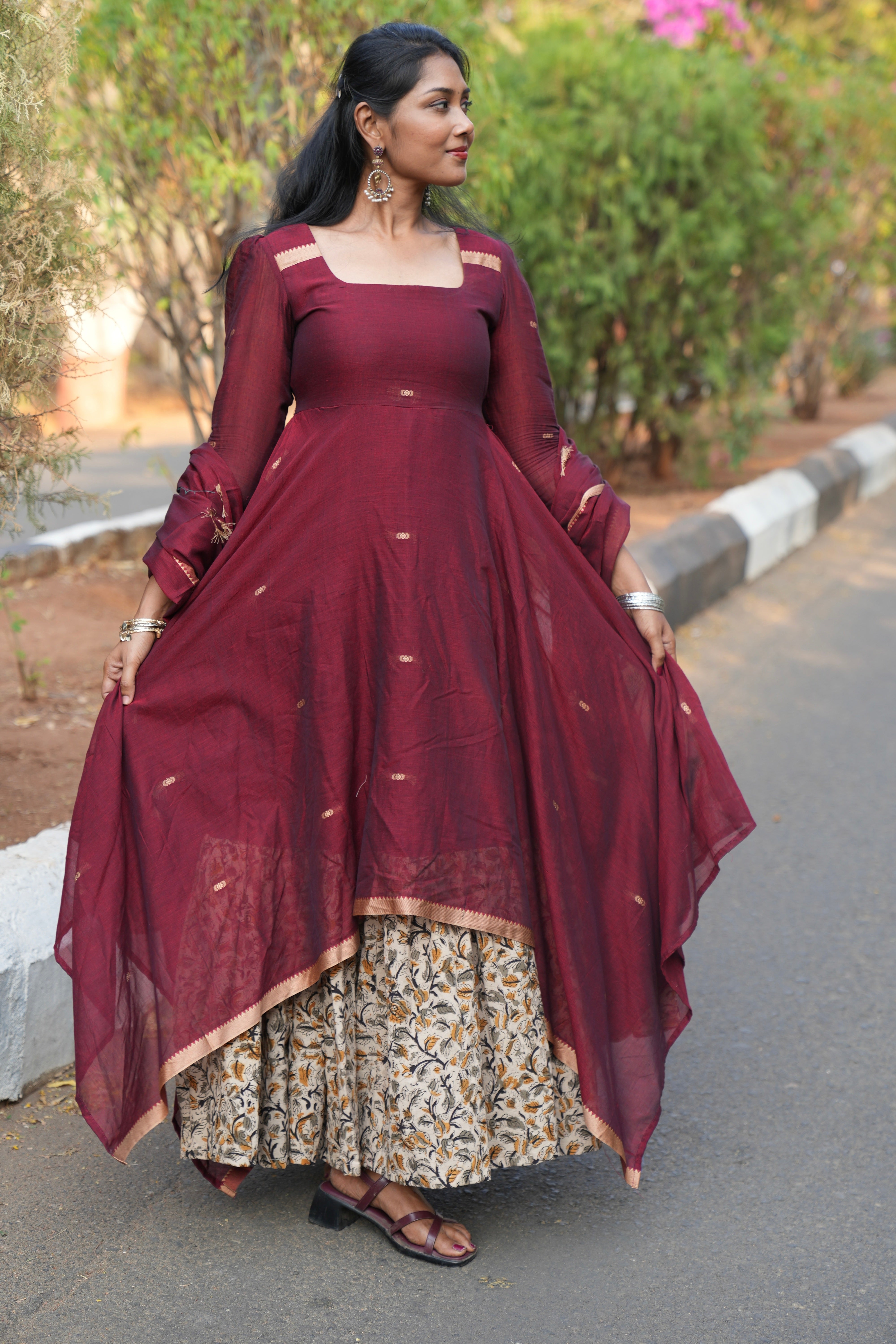 SIYA107 Maroon | Narayanpet Cotton Anarkali with Kalamkari Dupatta (2-Piece)