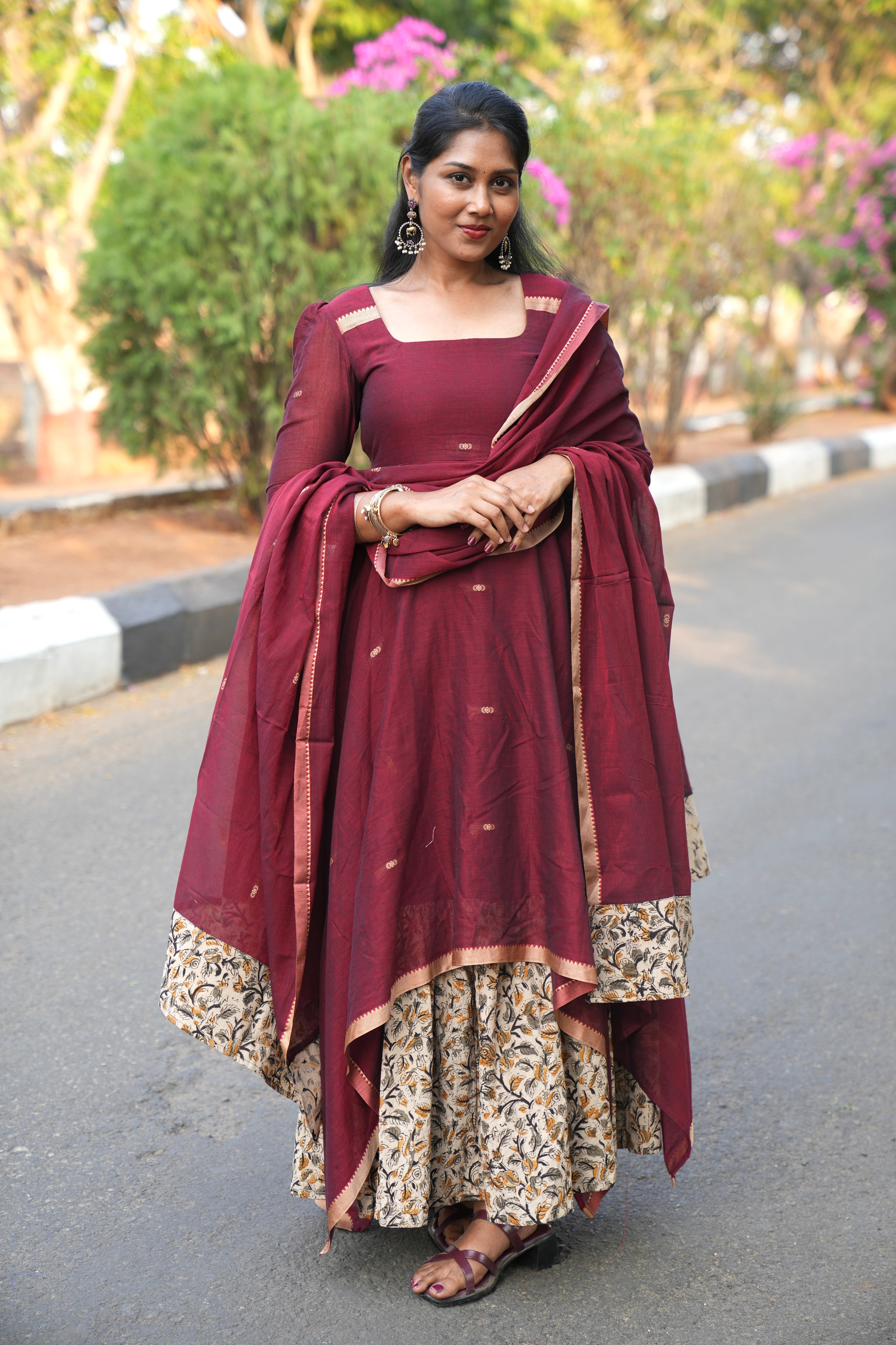 SIYA107 Maroon | Narayanpet Cotton Anarkali with Kalamkari Dupatta (2-Piece)