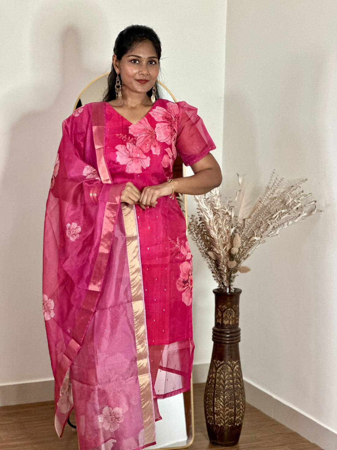 SIYA066 Pink | Elyra Organza Top with Dupatta Set (2-Piece)