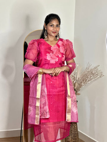 SIYA066 Pink | Elyra Organza Top with Dupatta Set (2-Piece)