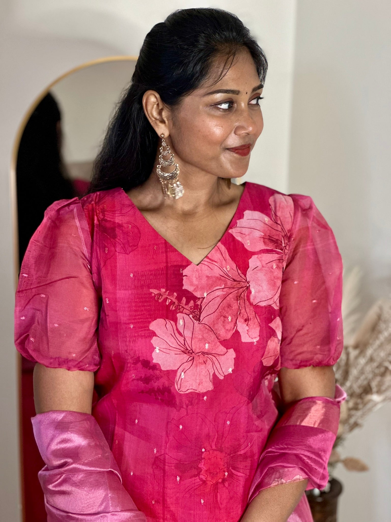 SIYA066 Pink | Elyra Organza Top with Dupatta Set (2-Piece)