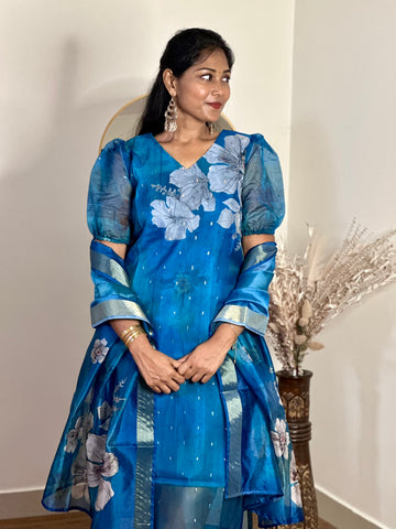 SIYA066 Blue | Elyra Organza Top with Dupatta Set (2-Piece)