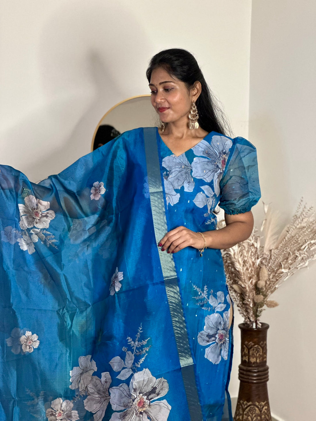 SIYA066 Blue | Elyra Organza Top with Dupatta Set (2-Piece)