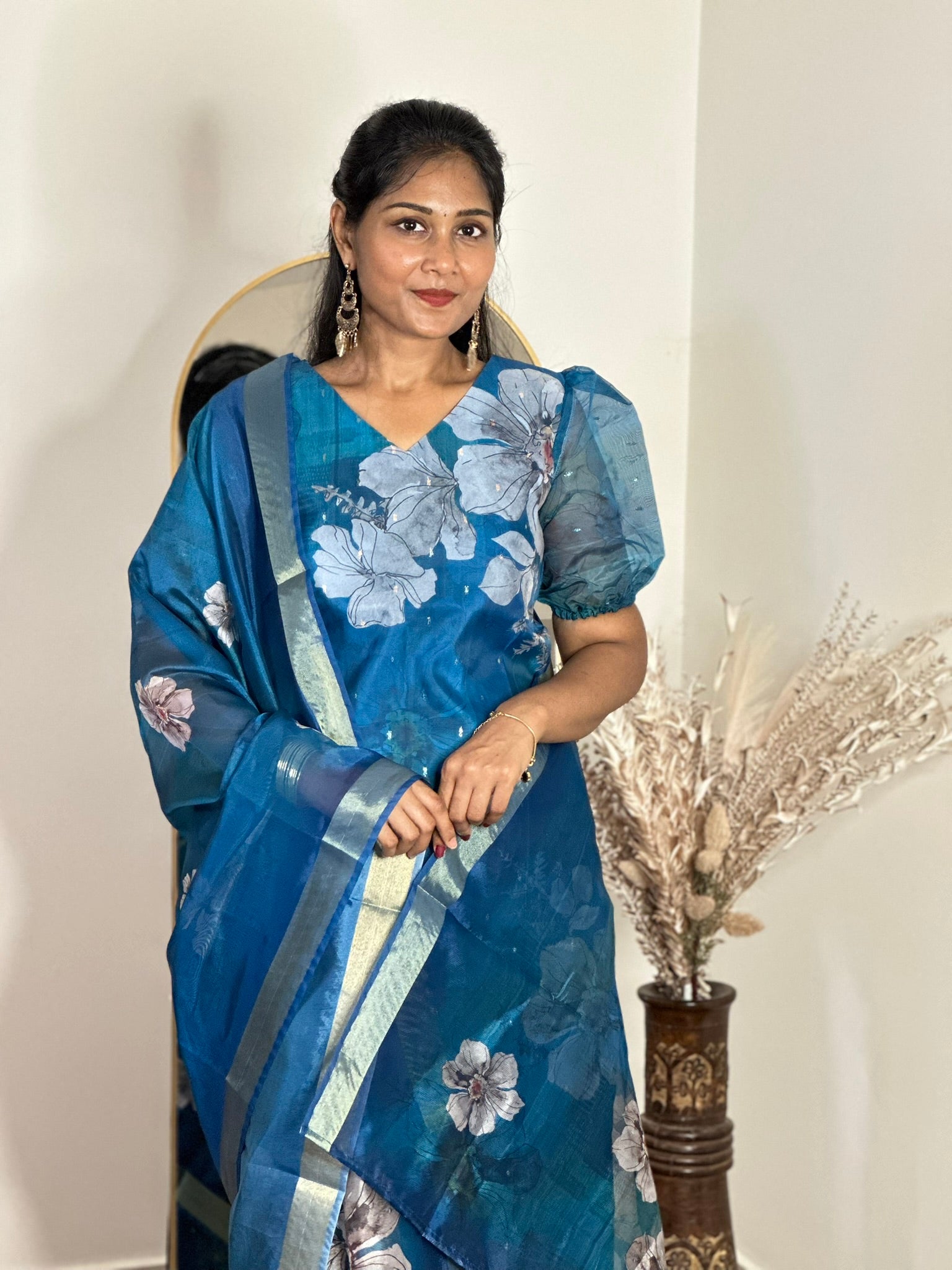 SIYA066 Blue | Elyra Organza Top with Dupatta Set (2-Piece)