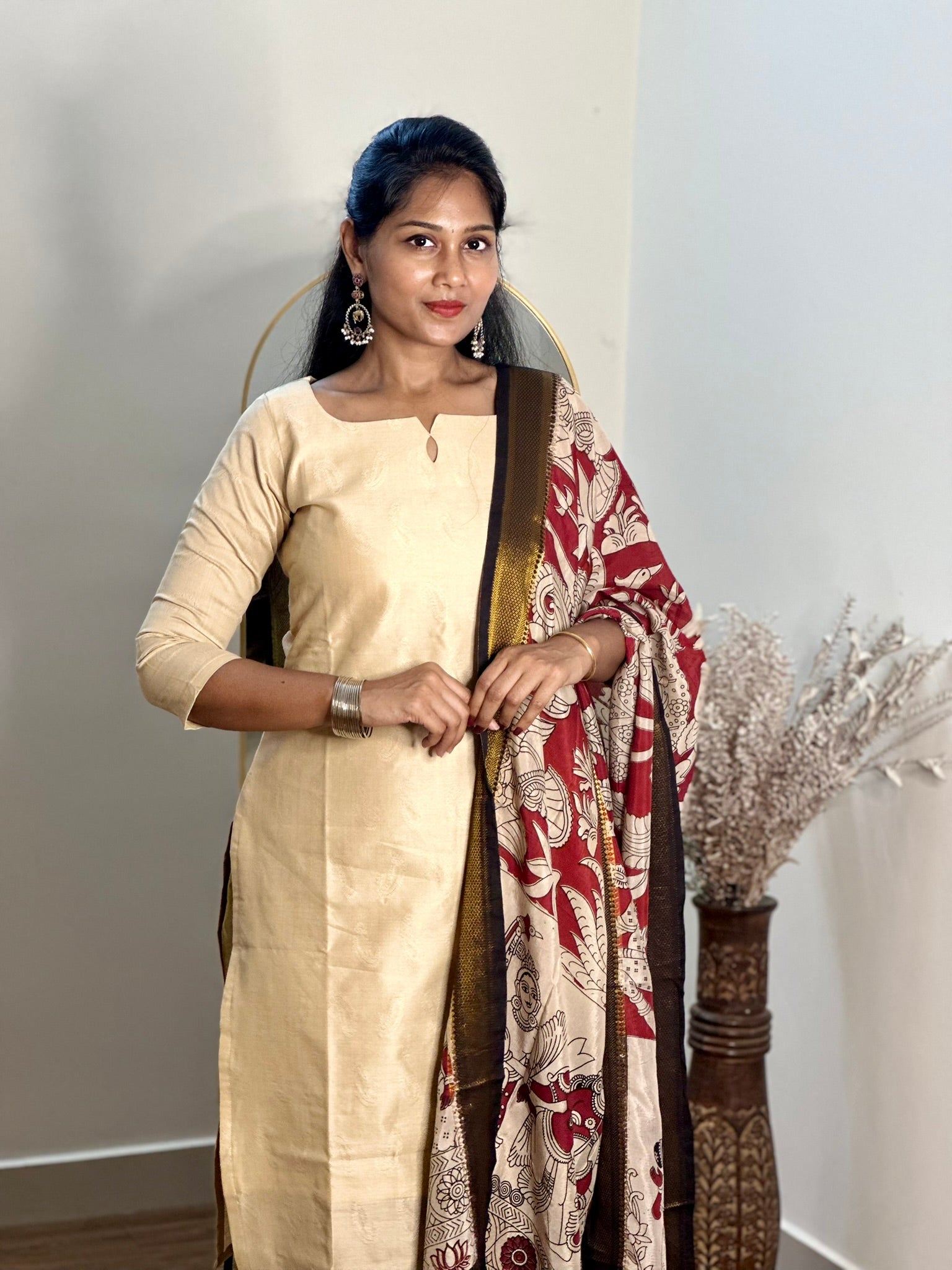 SIYA067 Beige | Varnika Tussar Silk Top with Kalamkari Dupatta (2-Piece)