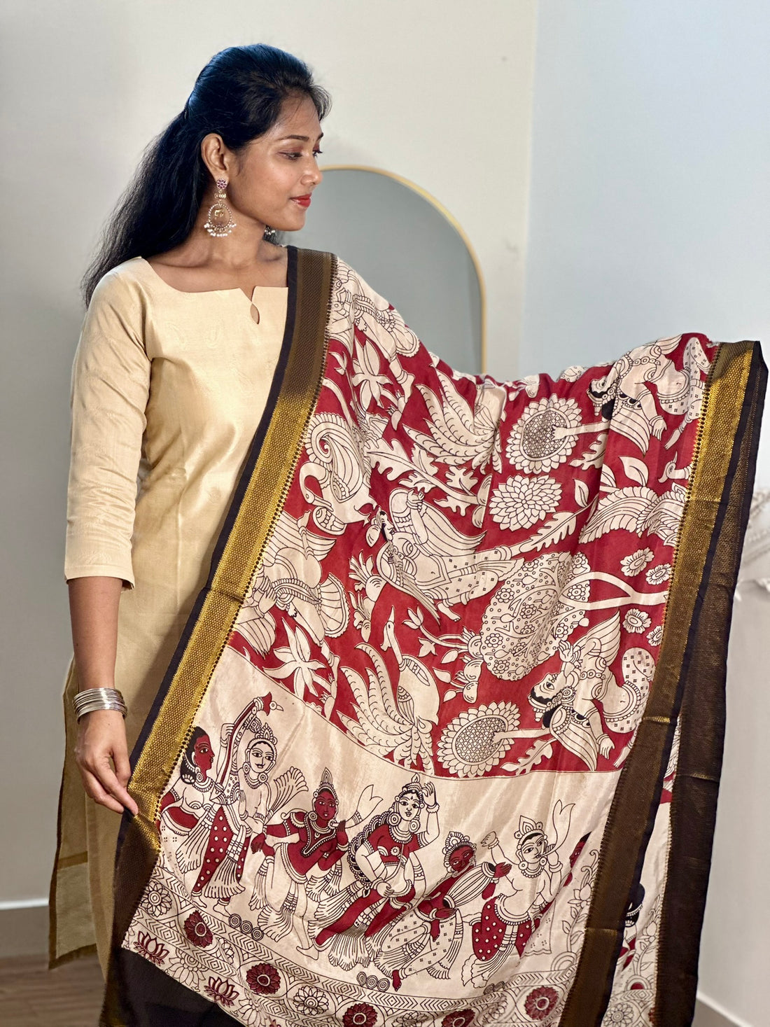 SIYA067 Beige | Varnika Tussar Silk Top with Kalamkari Dupatta (2-Piece)