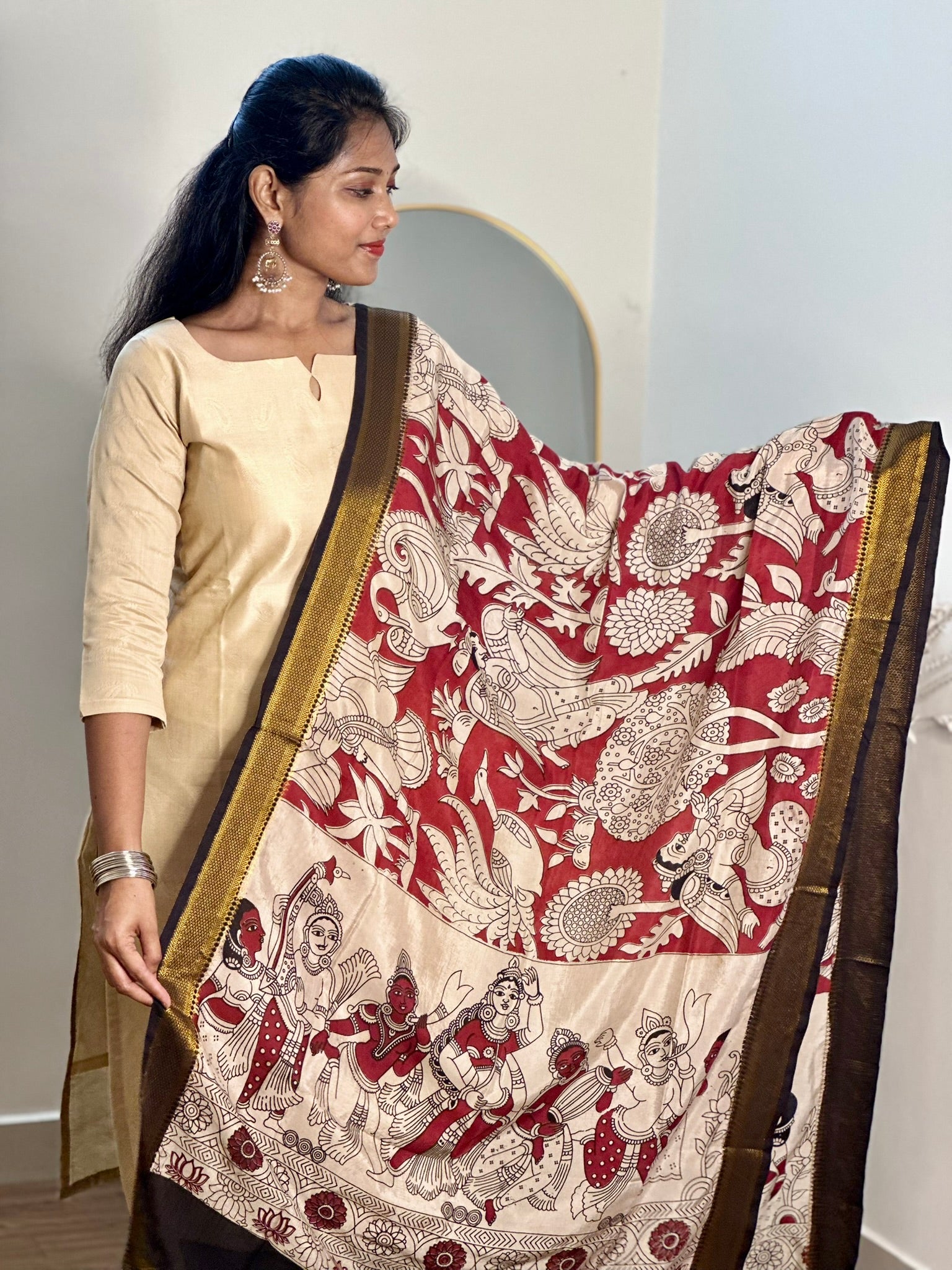 SIYA067 Beige | Varnika Tussar Silk Top with Kalamkari Dupatta (2-Piece)