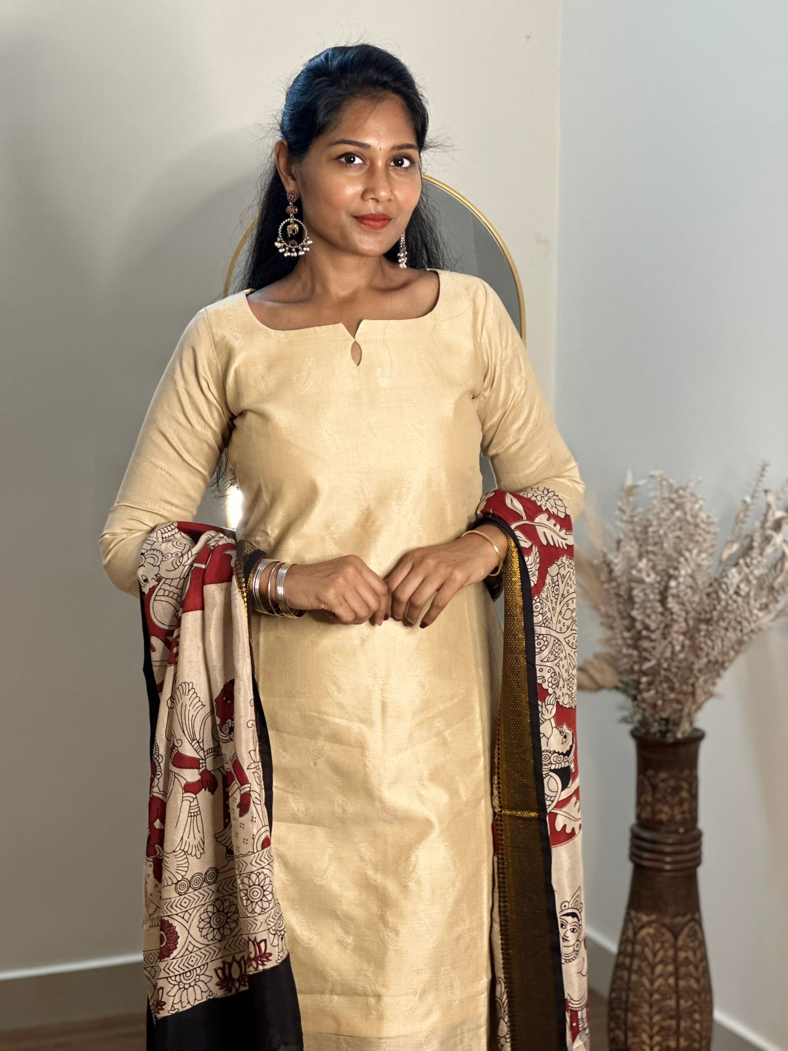 SIYA067 Beige | Varnika Tussar Silk Top with Kalamkari Dupatta (2-Piece)