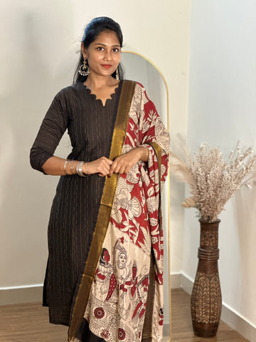 SIYA067 Black | Varnika Tussar Silk Top with Kalamkari Dupatta (2-Piece)
