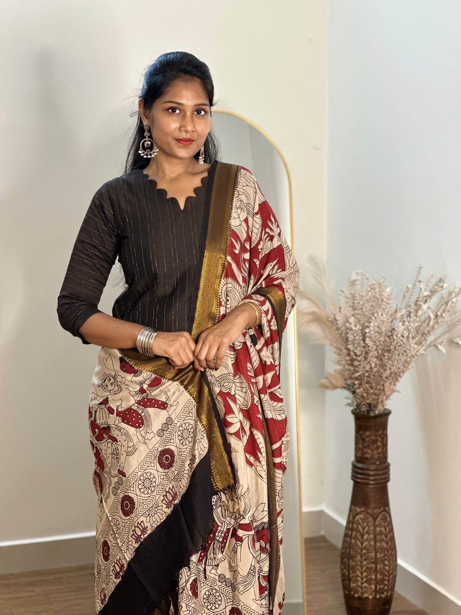 SIYA067 Black | Varnika Tussar Silk Top with Kalamkari Dupatta (2-Piece)