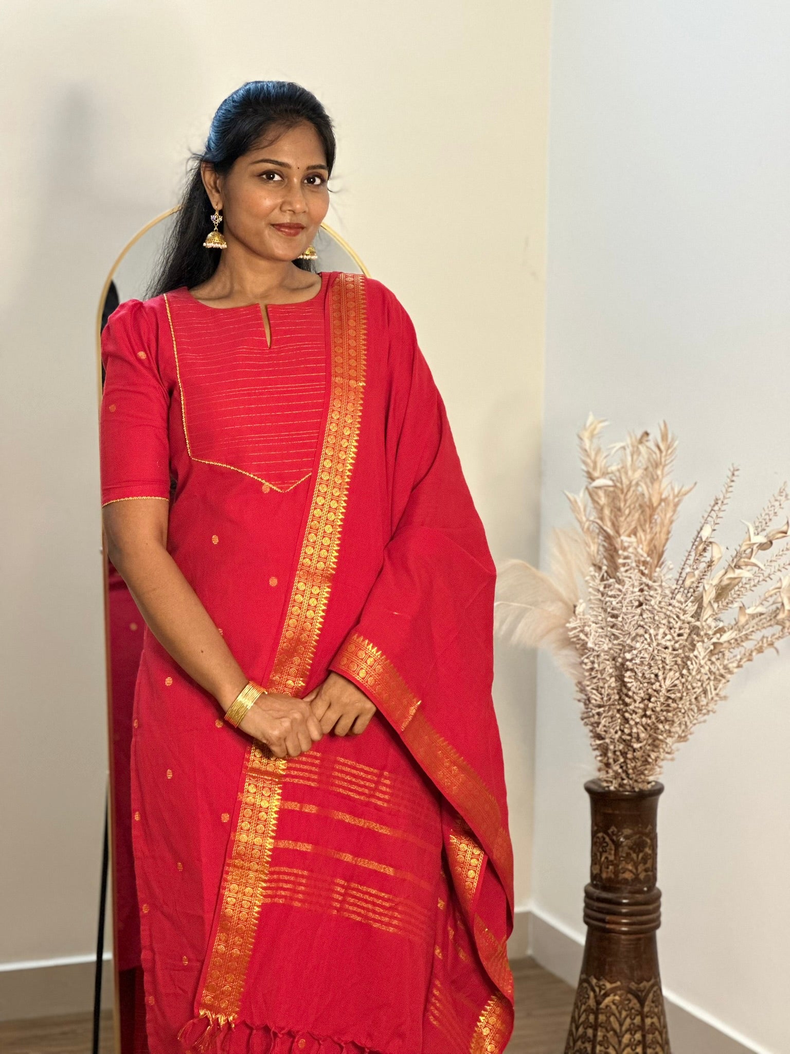 SIYA068 Red |Tavira Handloom Cotton Kurta Set (3-Piece)