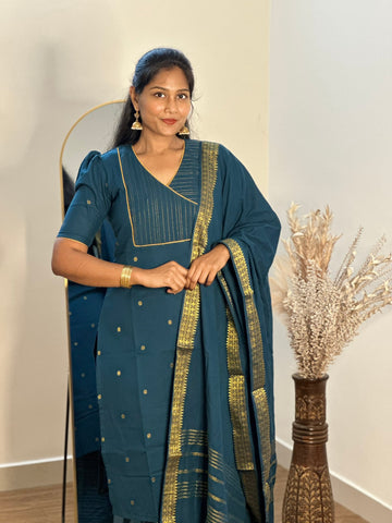 SIYA068 Blue |Tavira Handloom Cotton Kurta Set (3-Piece)