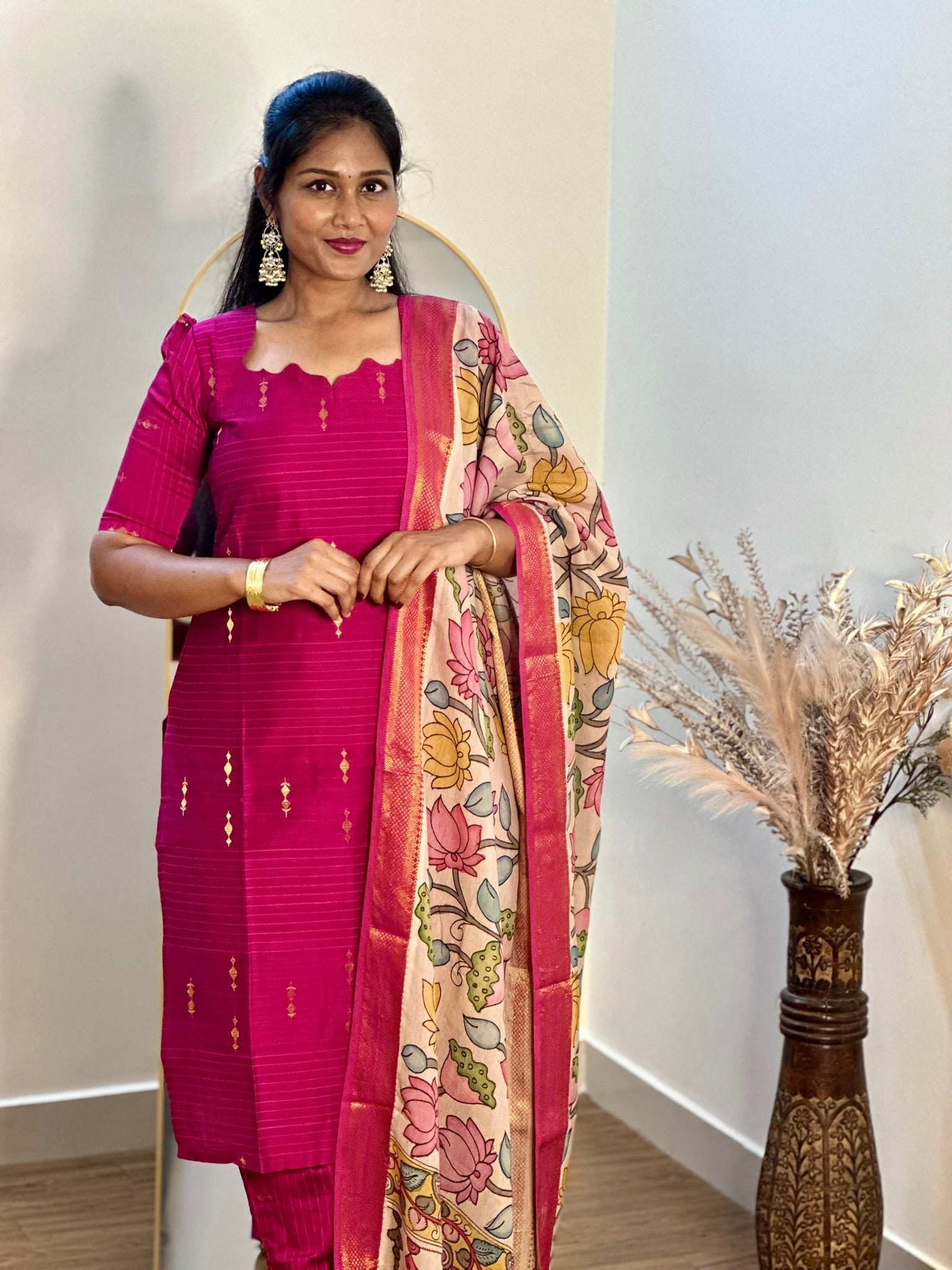 SIYA069 Pink | Vedhika Raw Silk Kurta Set with Handpainted Pen Kalamkari Dupatta (3-Piece)
