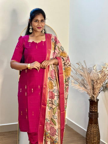 SIYA069 Pink | Vedhika Raw Silk Kurta Set with Handpainted Pen Kalamkari Dupatta (3-Piece)