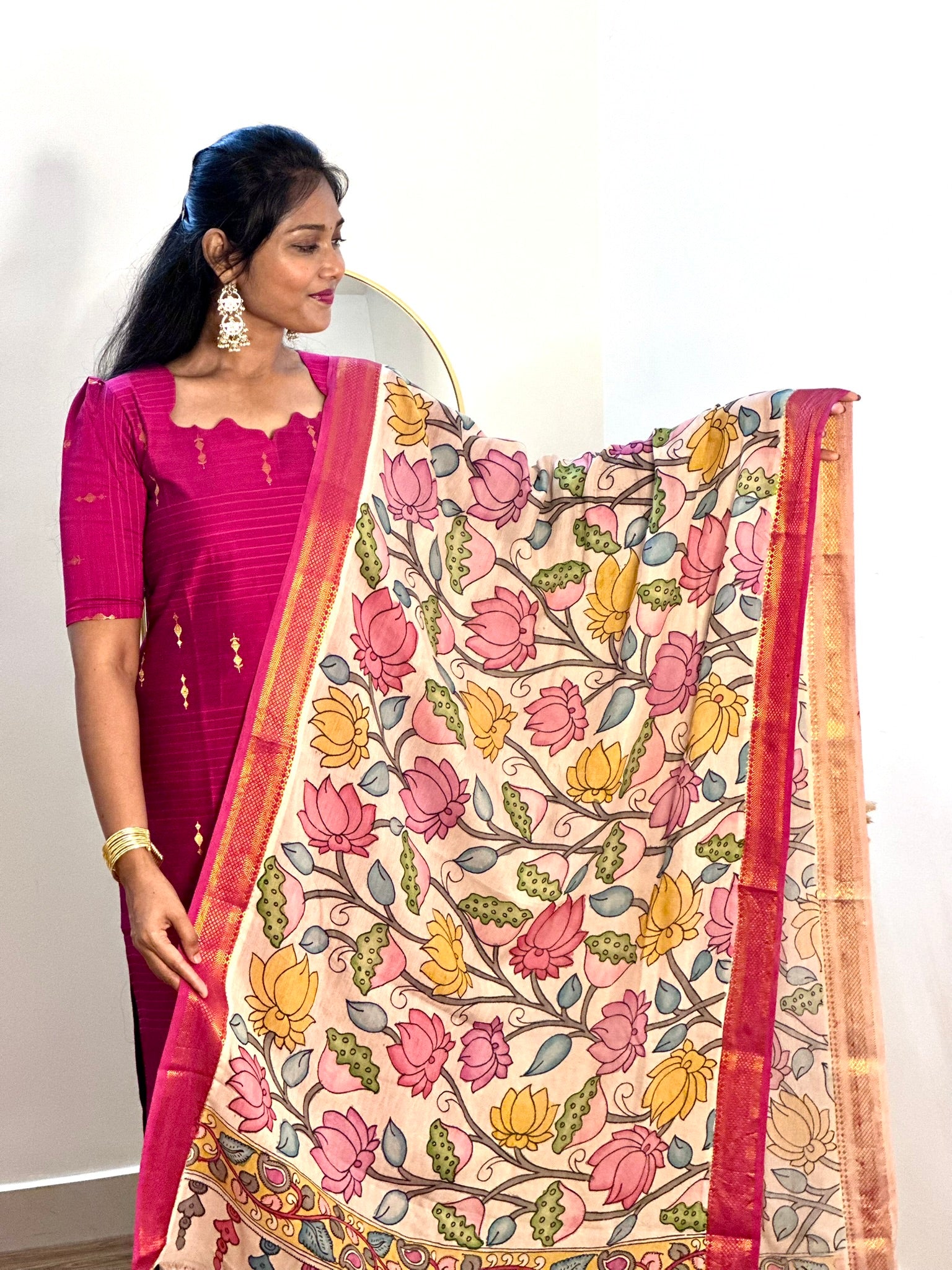 SIYA069 Pink | Vedhika Raw Silk Kurta Set with Handpainted Pen Kalamkari Dupatta (3-Piece)