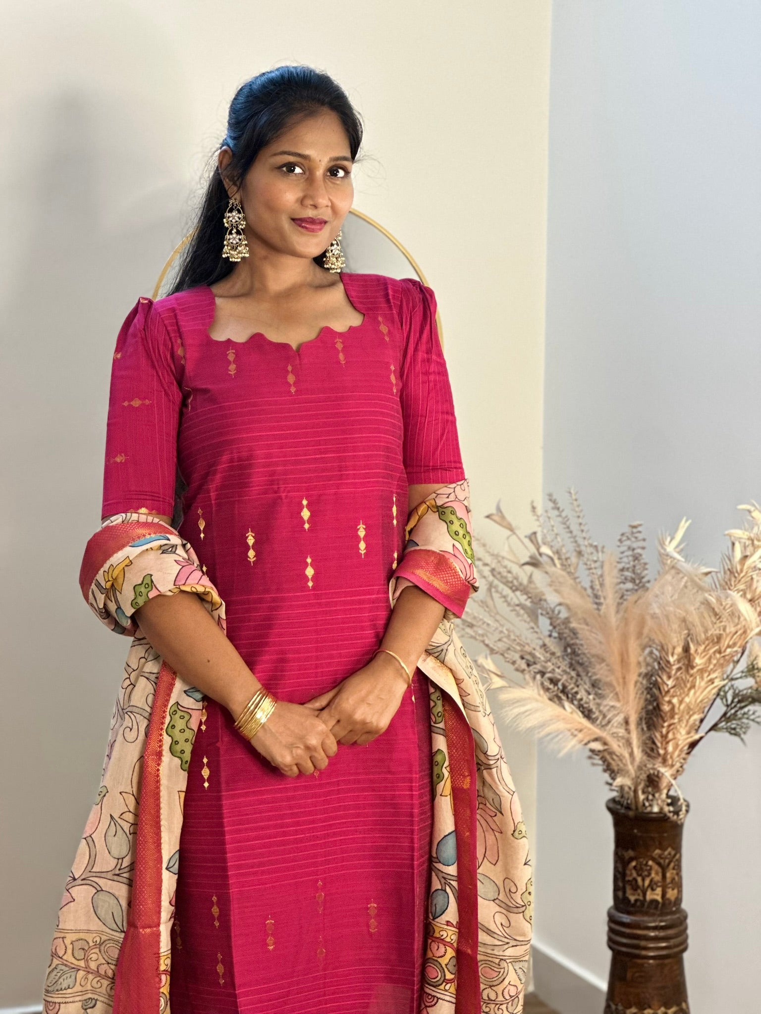 SIYA069 Pink | Vedhika Raw Silk Kurta Set with Handpainted Pen Kalamkari Dupatta (3-Piece)