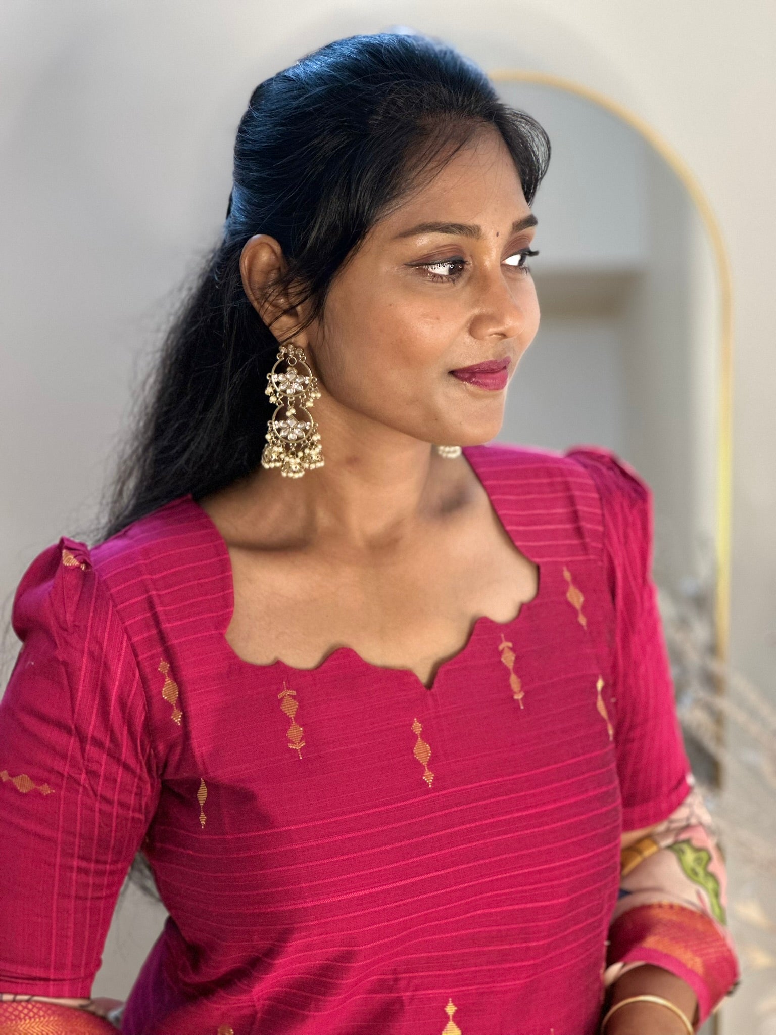 SIYA069 Pink | Vedhika Raw Silk Kurta Set with Handpainted Pen Kalamkari Dupatta (3-Piece)