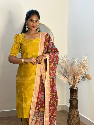SIYA069 Yellow | Vedhika Raw Silk Kurta Set with Handpainted Pen Kalamkari Dupatta (3-Piece)