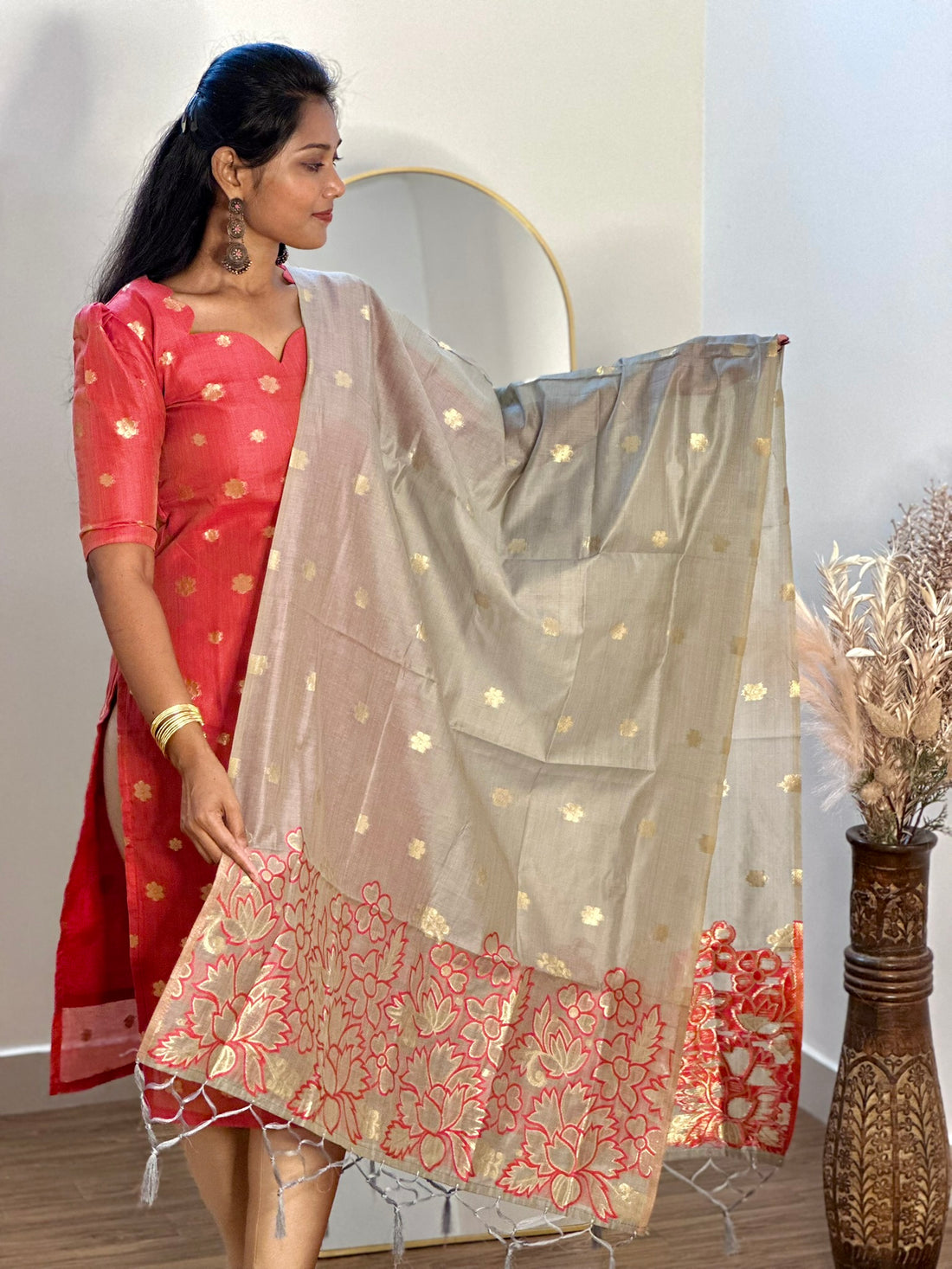 SIYA070 Orange | Kavira Jacquard Silk Cotton Top with Dupatta Set (2-Piece)