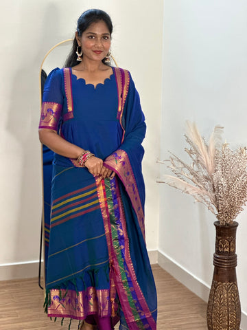 SIYA072 Blue | Zivara Indo-Western Pleated Anarkali Set (2-Piece)