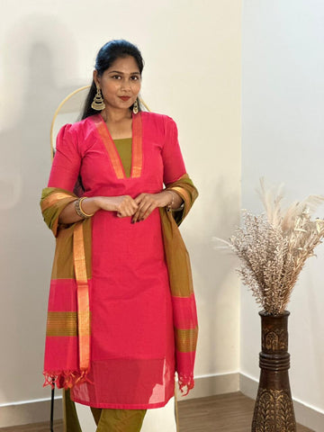 SIYA071 Orange | Ishira Mangalagiri Cotton Kurta Set (3-Piece)